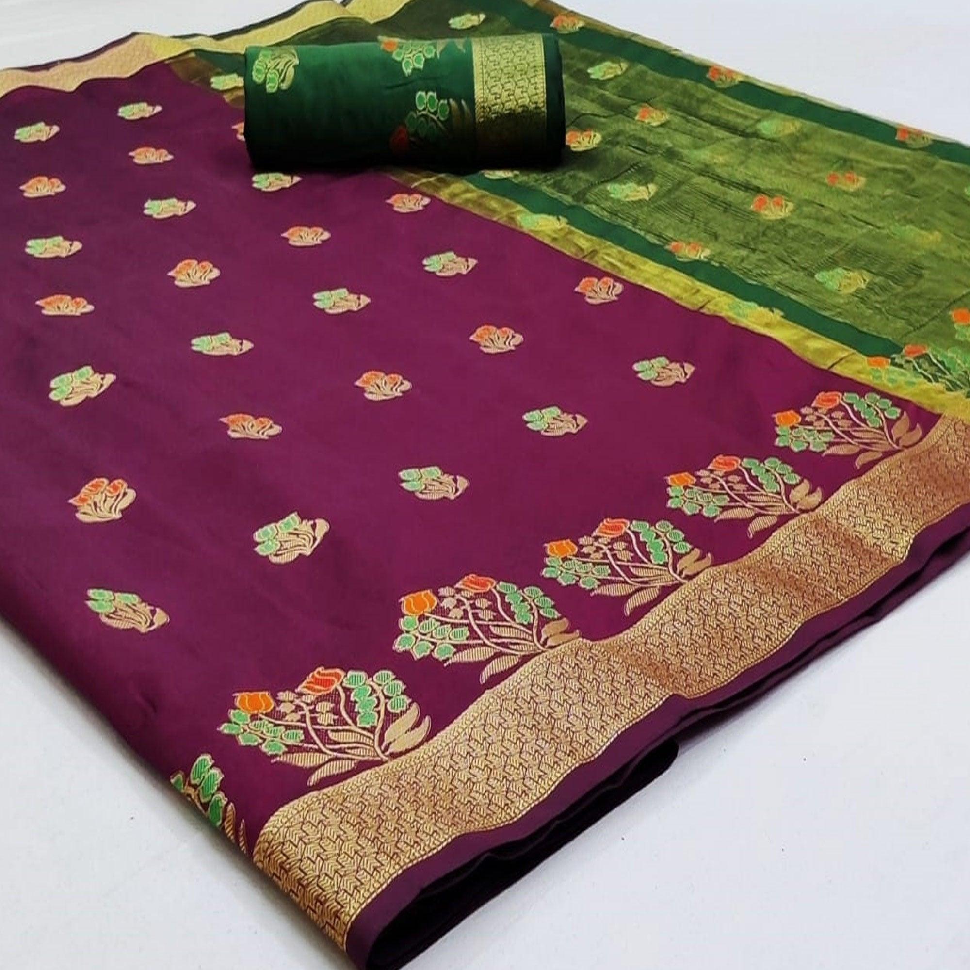 Peachmode Engrossing Purple Colored Festive Wear Woven Soft Silk Saree