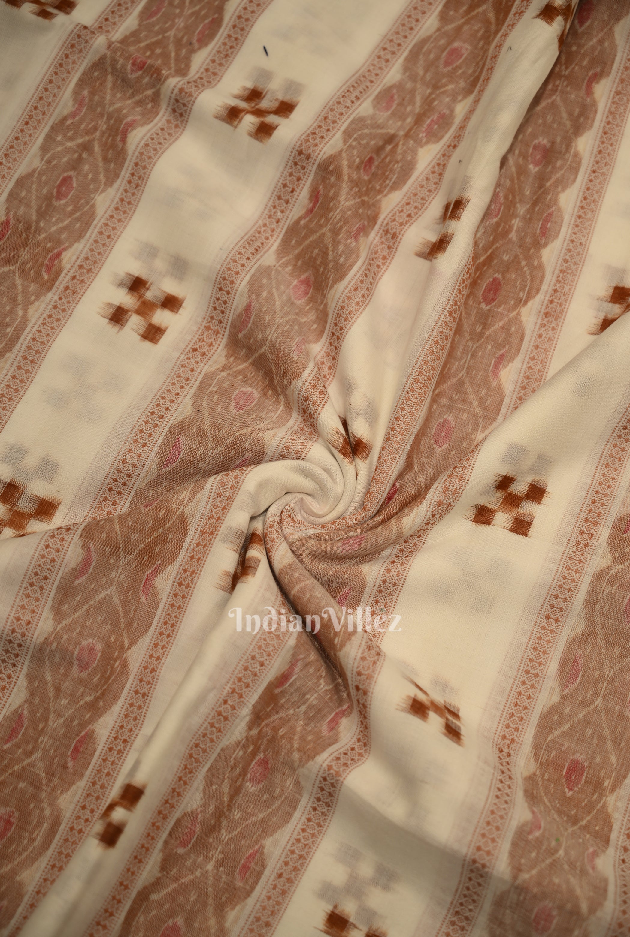 IndianVillèz White Brown Pasapali Sambalpuri Ikat Cotton Fabric