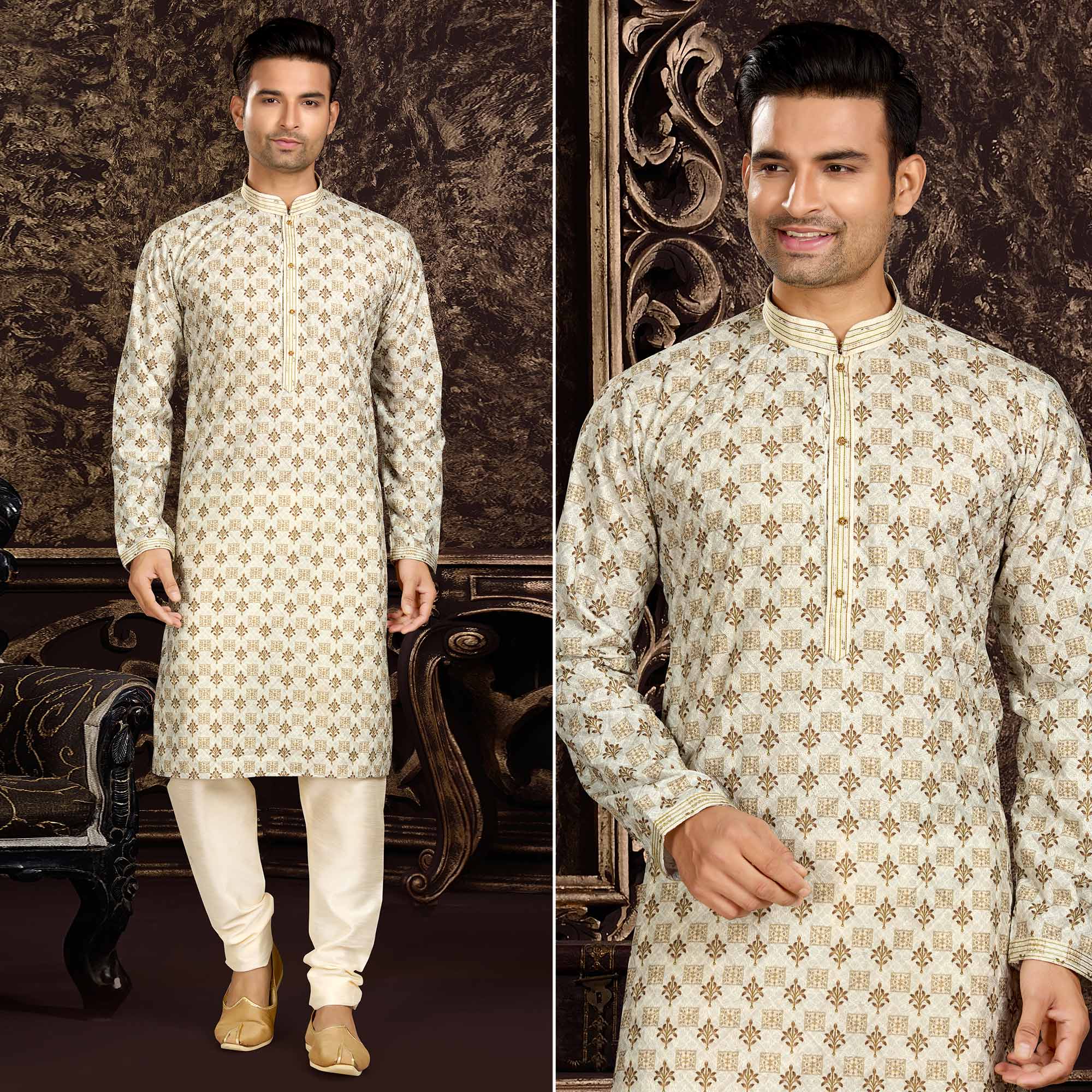 Peachmode Seller Cream Lucknowi And Digital Printed Cotton Kurta Pyjama Set