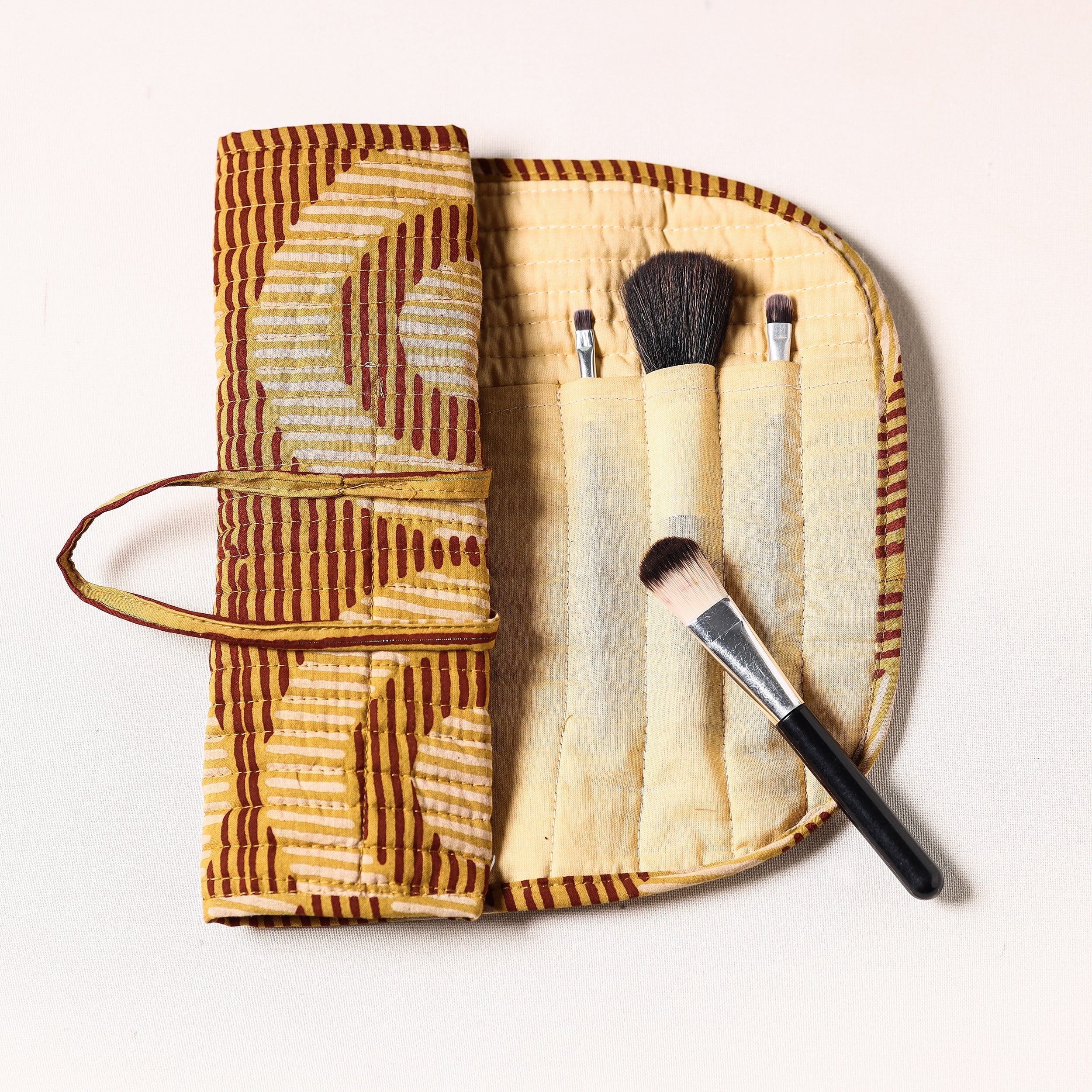 NOORI BAZAR Brown - Bagru Fabric Multipurpose Segmented Make-up Brush Wrap Pouch/Case