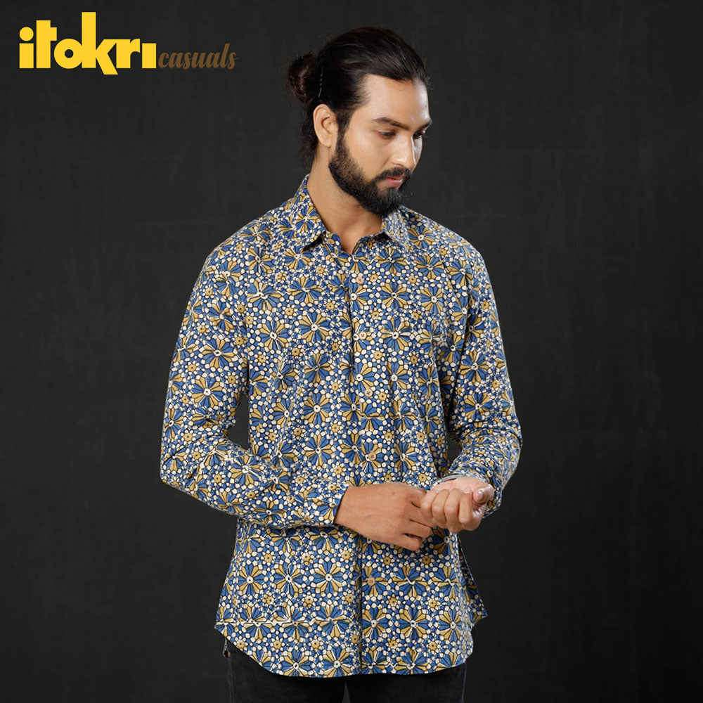 ITOKRI CASUALS Blue - Geometric Flowers Ajrakh Block Printed Cotton Men Full Sleeve Shirt