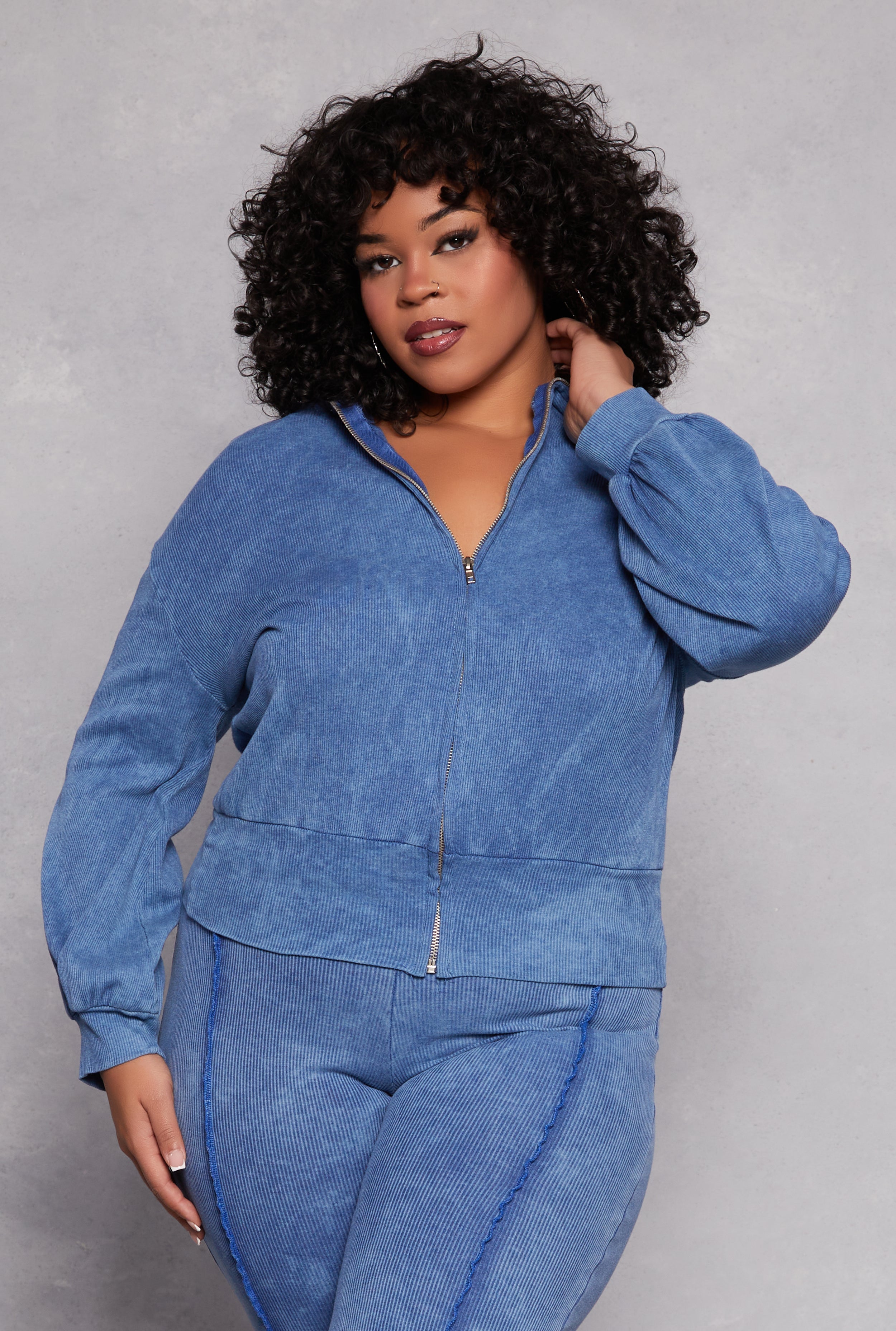 Rainbow Shops Plus Size Acid Wash Zip Front Top