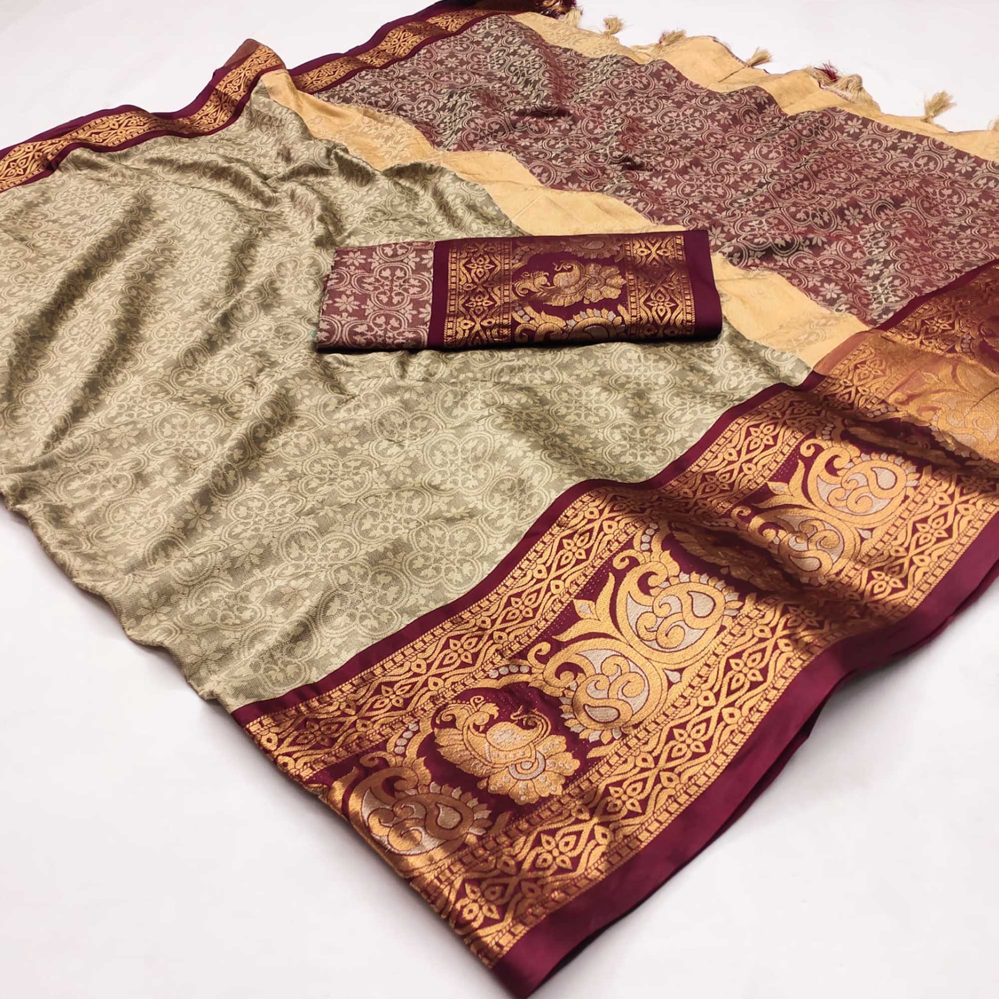 Peachmode Chikoo Floral Woven Cotton Silk Saree With Tassels