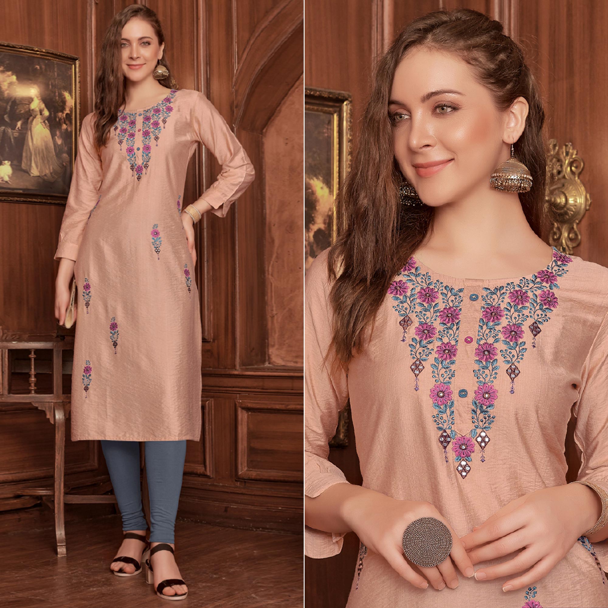 Peachmode Light Brown Floral Embroidered Rayon Kurti