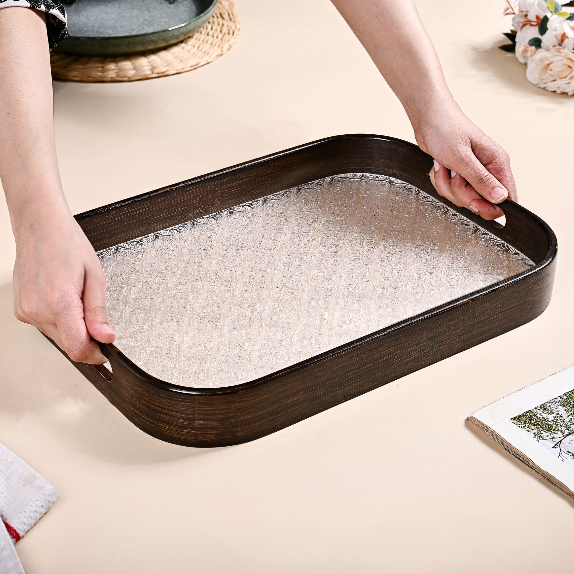 Nestasia Embossed Serving Tray With Bamboo Wood Frame - view 2