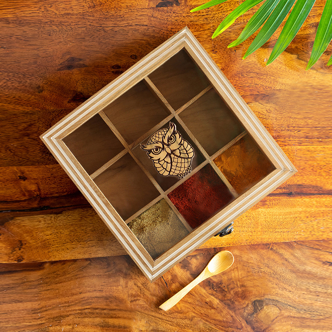 EXCLUSIVELANE 'Mystic Owl' Hand-Engraved Spice Box With Spoon In Teak Wood (9 Fixed Partitions, 110 ml)