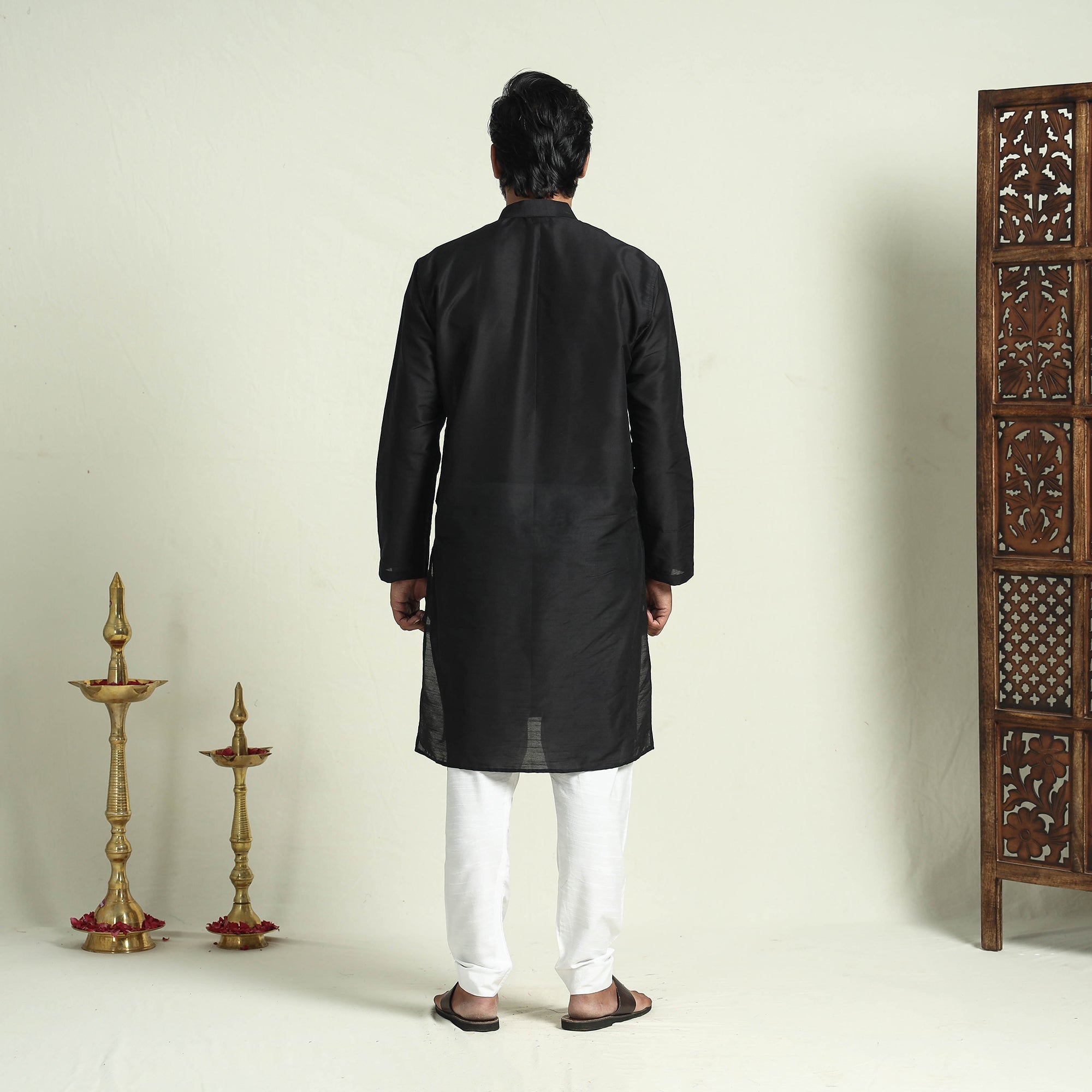 ITOKRI CASUALS Black - Plain Dyed Slub Silk Men Long Kurta - view 7