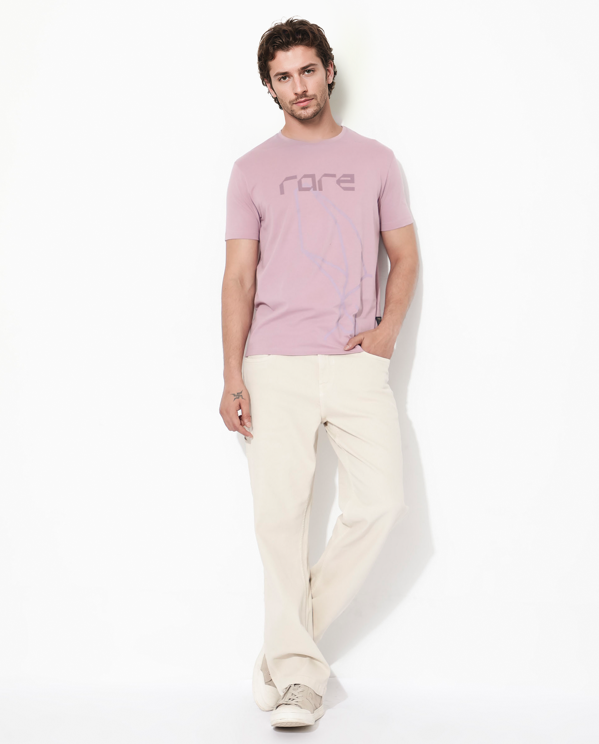 Rare Rabbit Articale Mens Bolt Dusky Pink Cotton Lycra Fabric Short Sleeve Crew Neck Regular Fit Graphic Print T-Shirt - view 2
