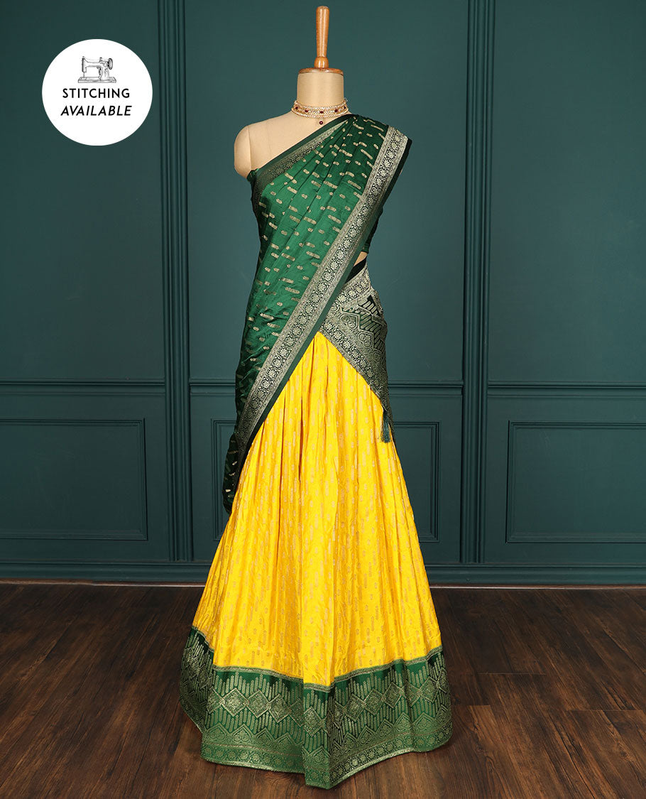Pothys Yellow buttas art-silk half-saree, contrast traditional stonework border,buttas & stonework blouse & intricate dupatta