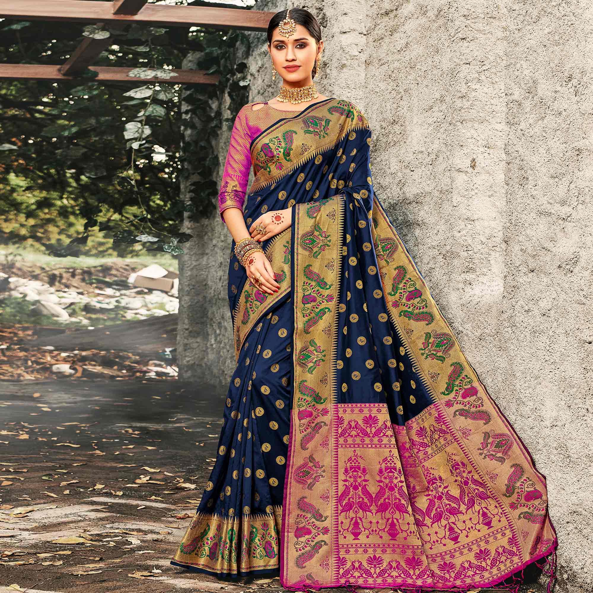 Peachmode Exotic Navy Blue Colored Festive Wear Woven Banarasi Silk Saree With Tassels