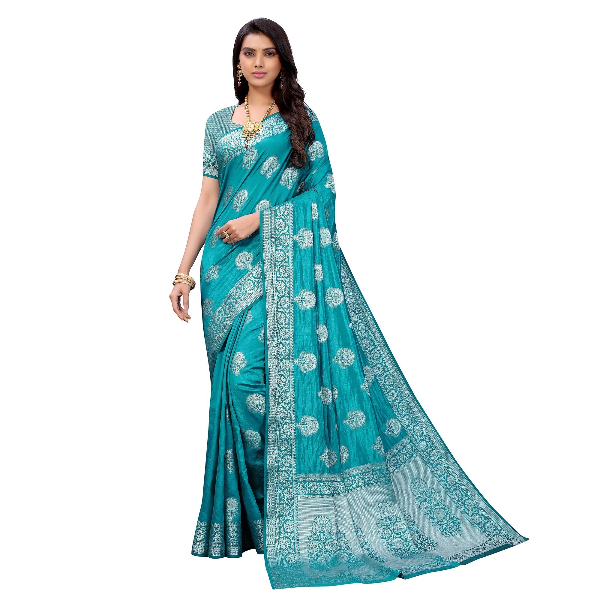 Peachmode Firozi Festive Wear Woven Art Silk Saree