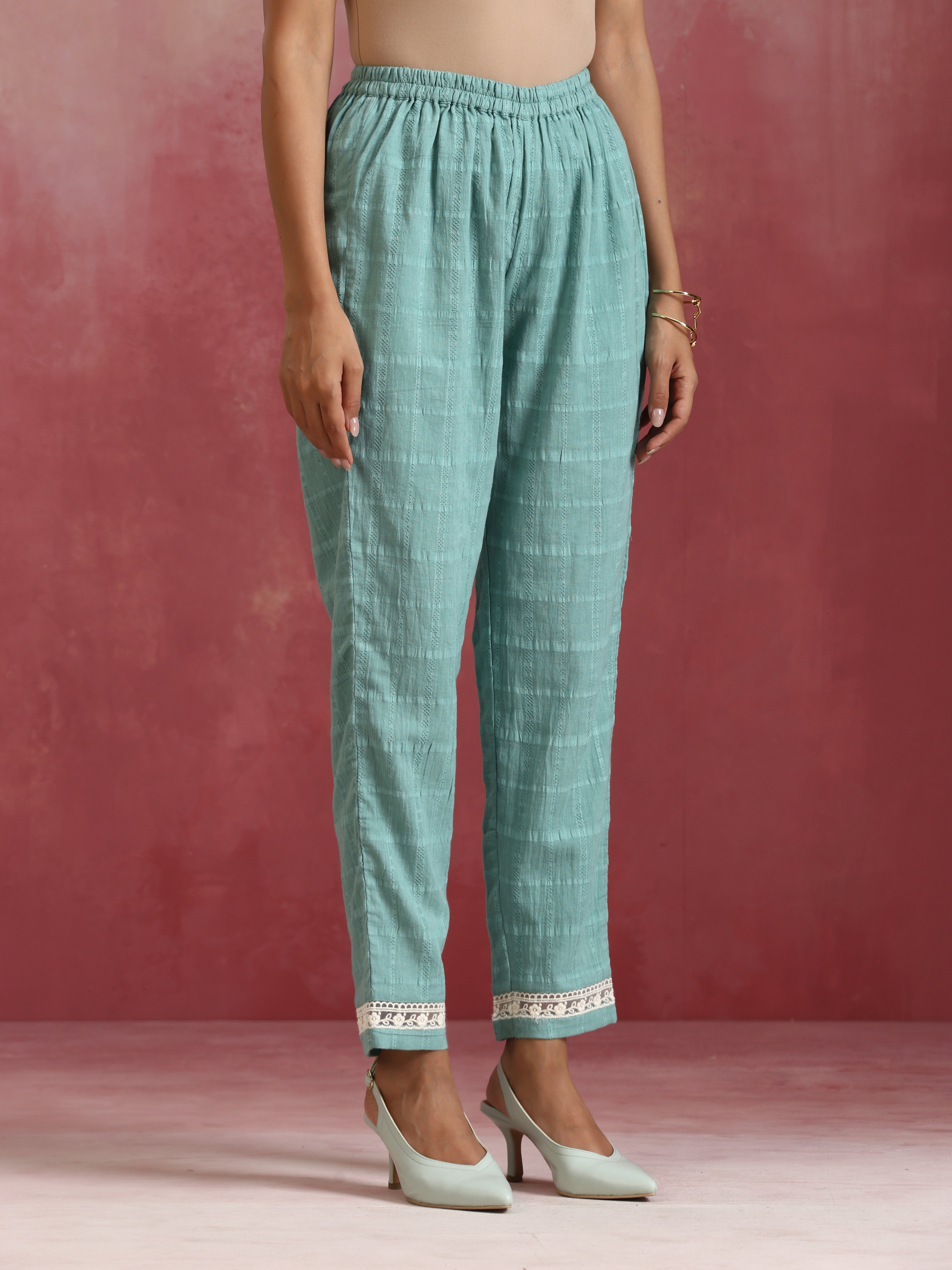 trueBrowns Aqua Blue Cotton Dobby High low Kurta Set - view 8