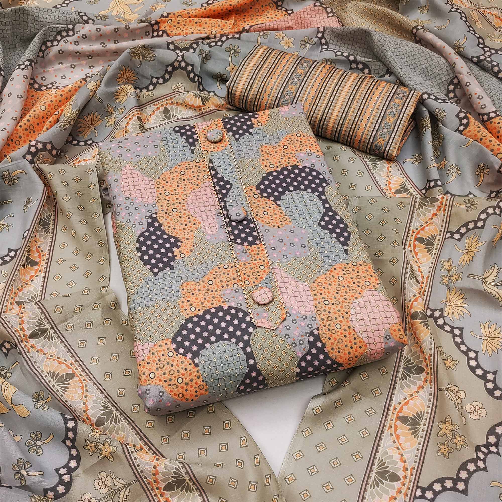Peachmode Grey Printed Cotton Blend Dress Material