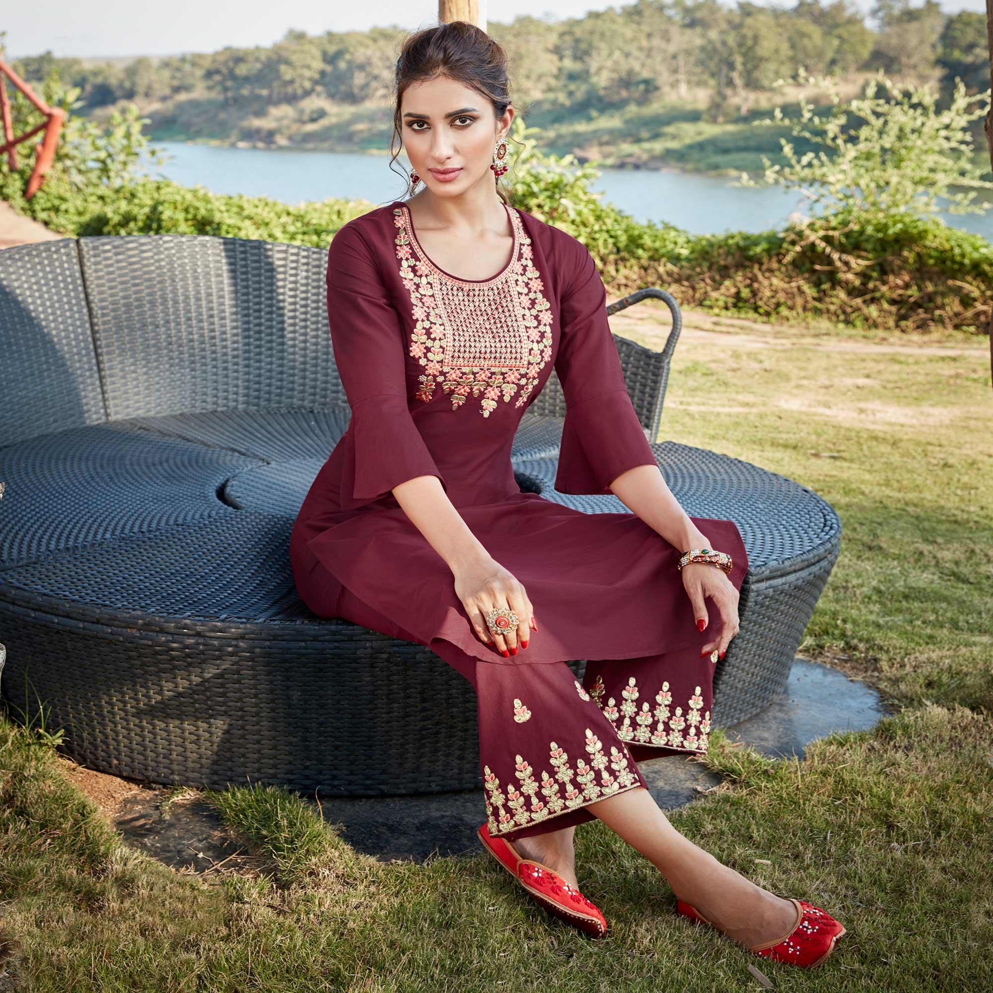 Peachmode Seller Glorious Maroon Colored Partywear Embroidered Cotton Silk Kurti-Palazzo Set - view 2