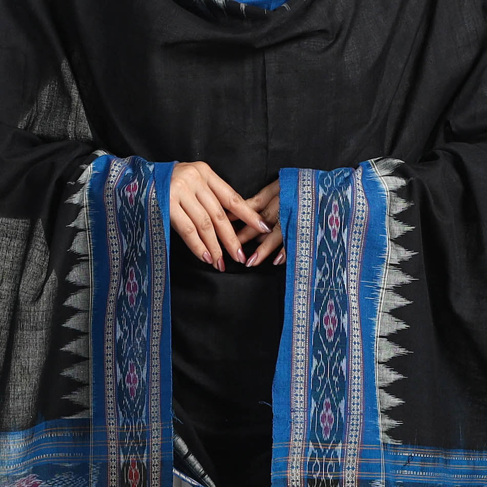 ASHOKA ASSEMBLE - CELEBRATING CRAFTS OF ODISHA Black - Sambalpuri Ikat Weave Handloom Plain Cotton Dupatta 23 - view 4