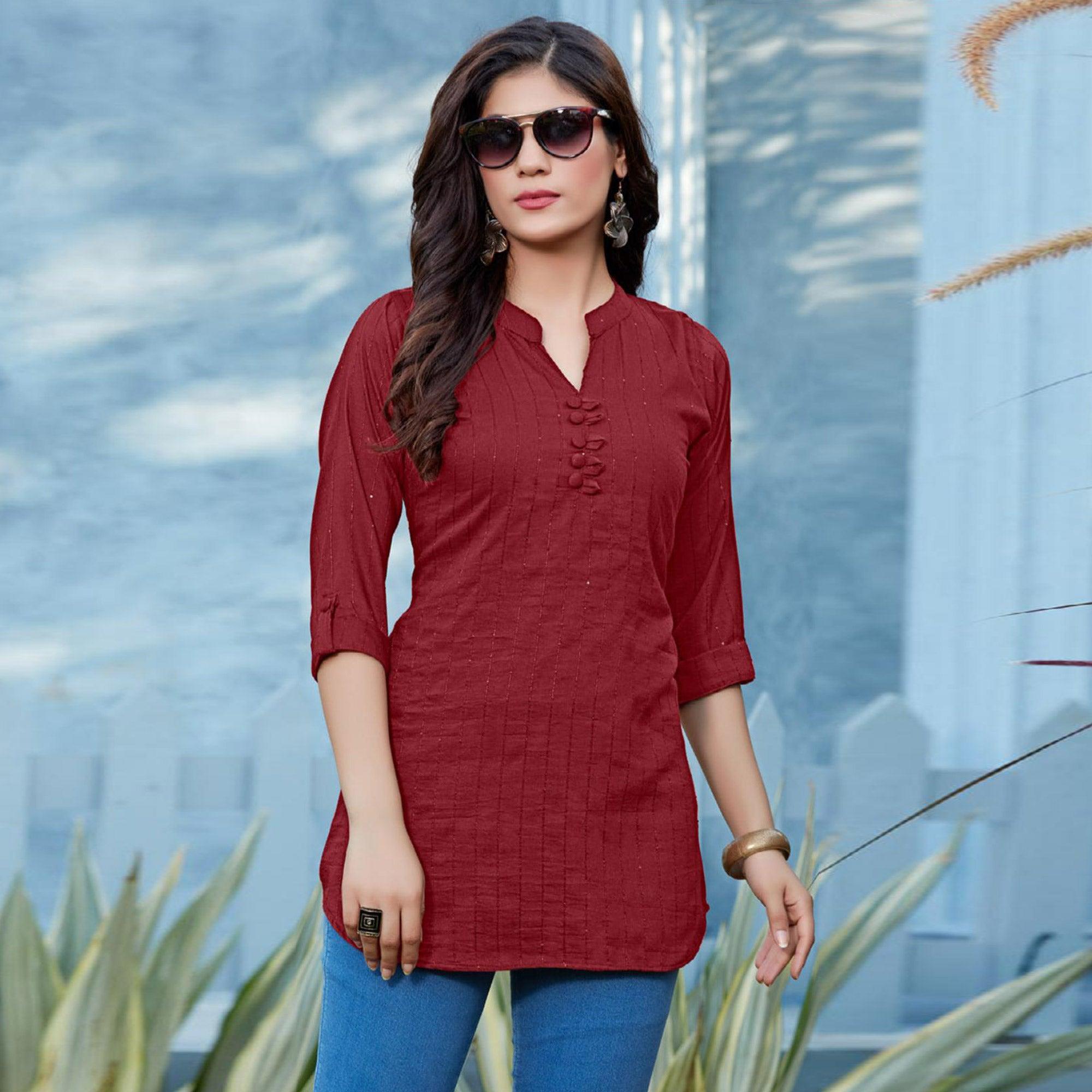 Peachmode Seller Maroon Sequins Embroidered Cotton Silk Top