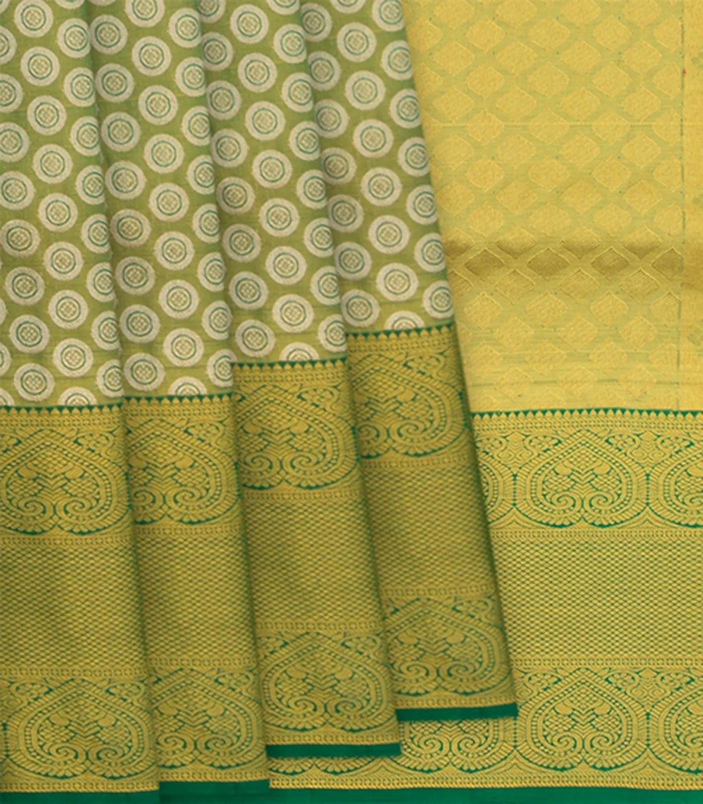 RmKV Green Handwoven Kanchipuram Silk Saree With Kamalam Chakkram Motifs & Evening Morning Zari Border-Green