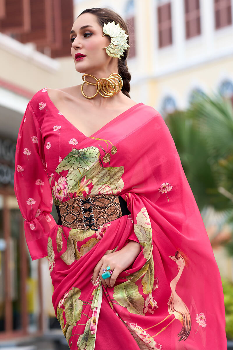 Rajpath Devastating Dark Pink Digital Printed Georgette Saree With Fancifull Blouse Piece - view 2
