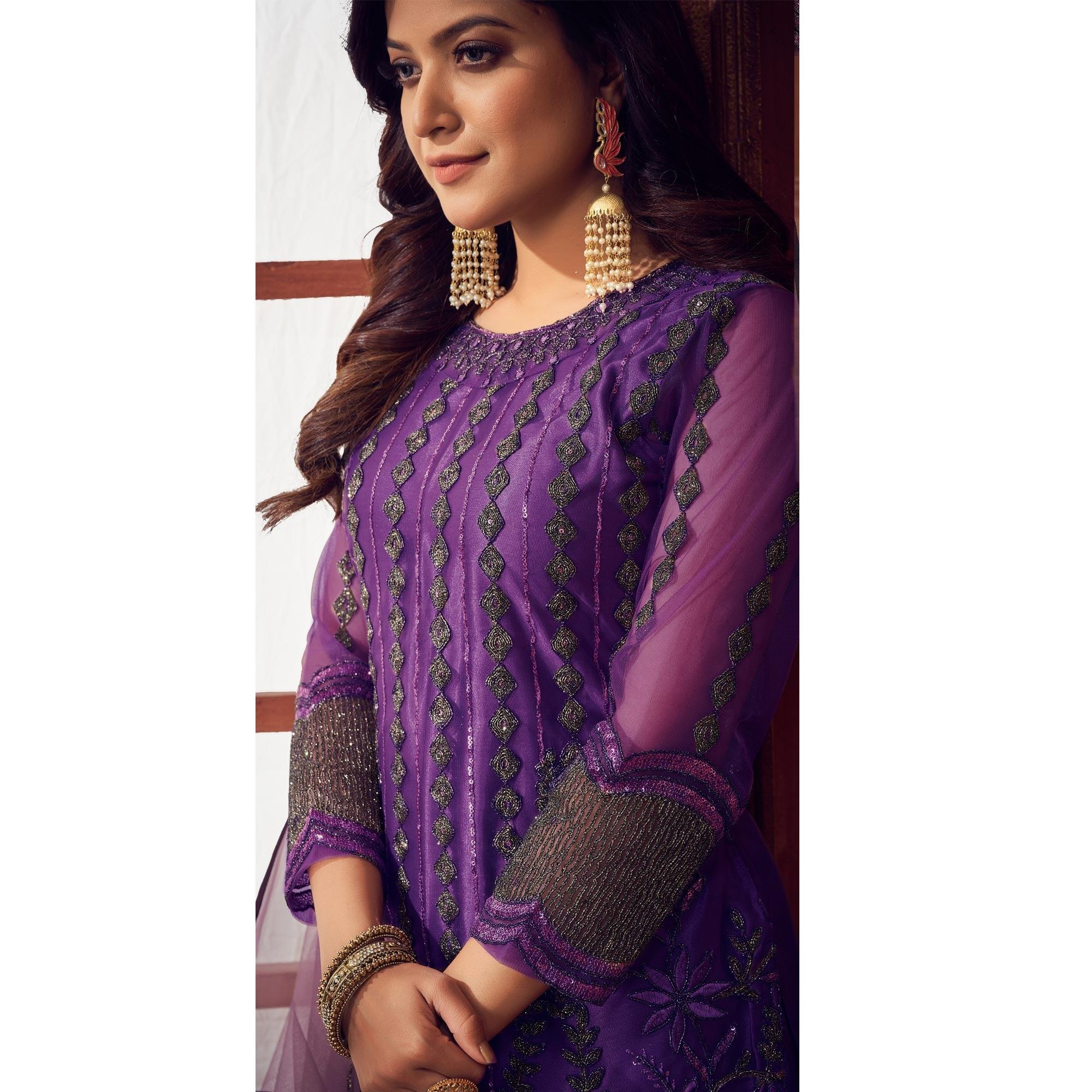 Peachmode Dark Purple Embroidered Netted Suit - view 6