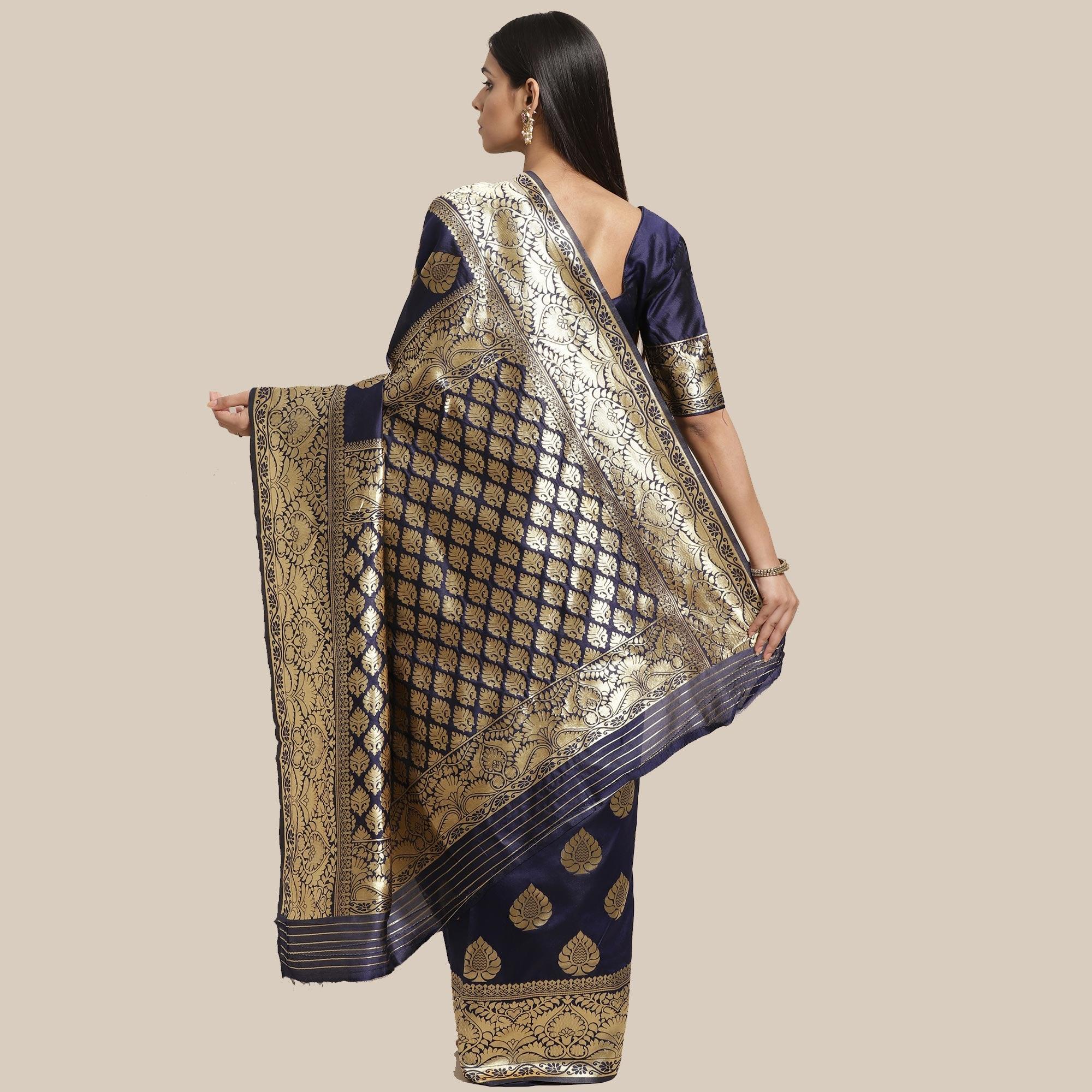 Peachmode Desirable Navy Blue Colored Festive Wear Woven Silk Blend Saree - view 4
