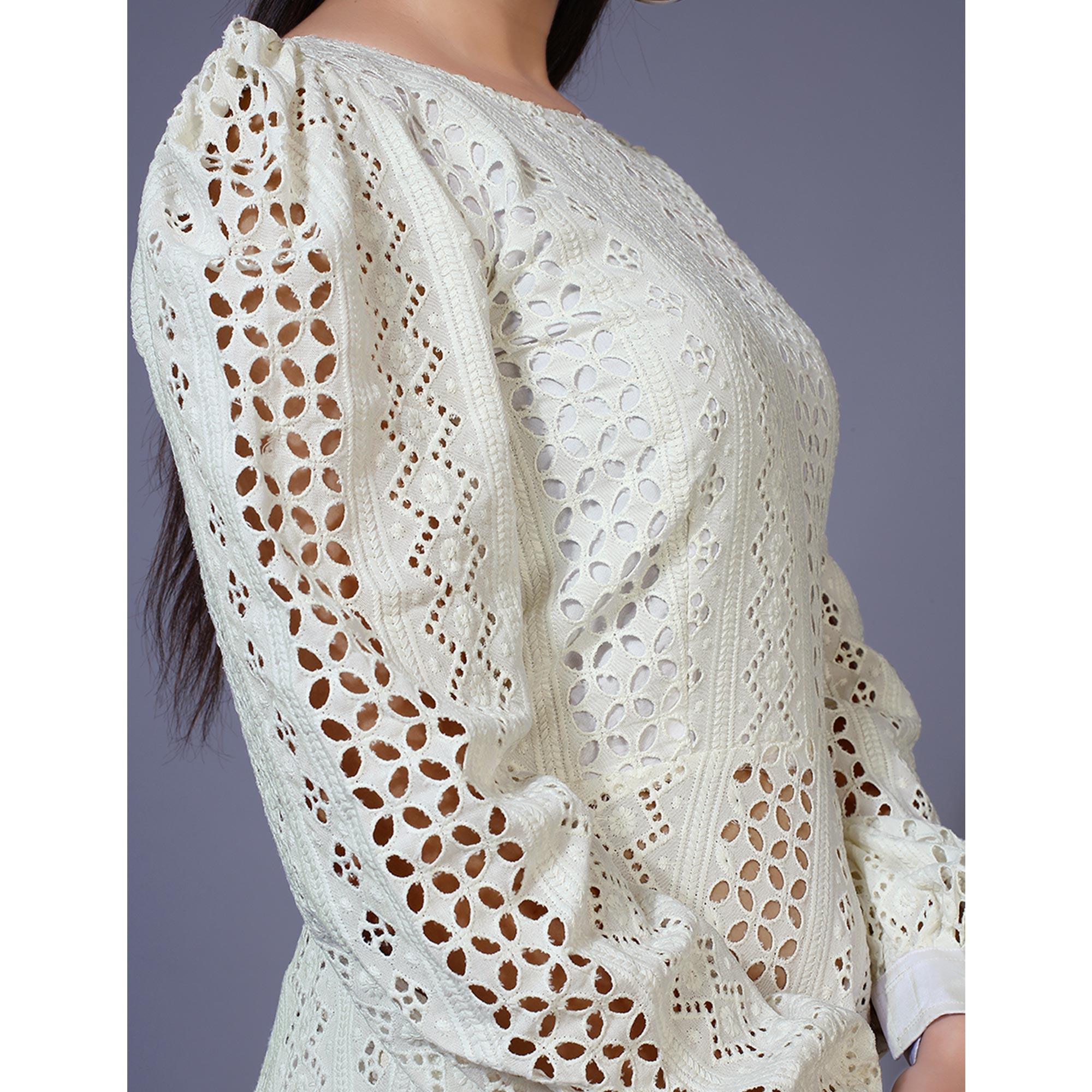 Peachmode Seller Cream Lucknowi Chikankari Work Rayon Western Dress - view 8