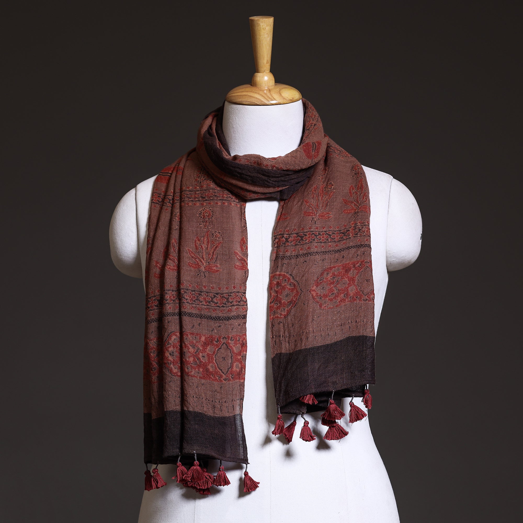 AJRAKH BY SUFIYAN ISMAIL KHATRI Brown - Block Print Woolen Ajrakh Stole