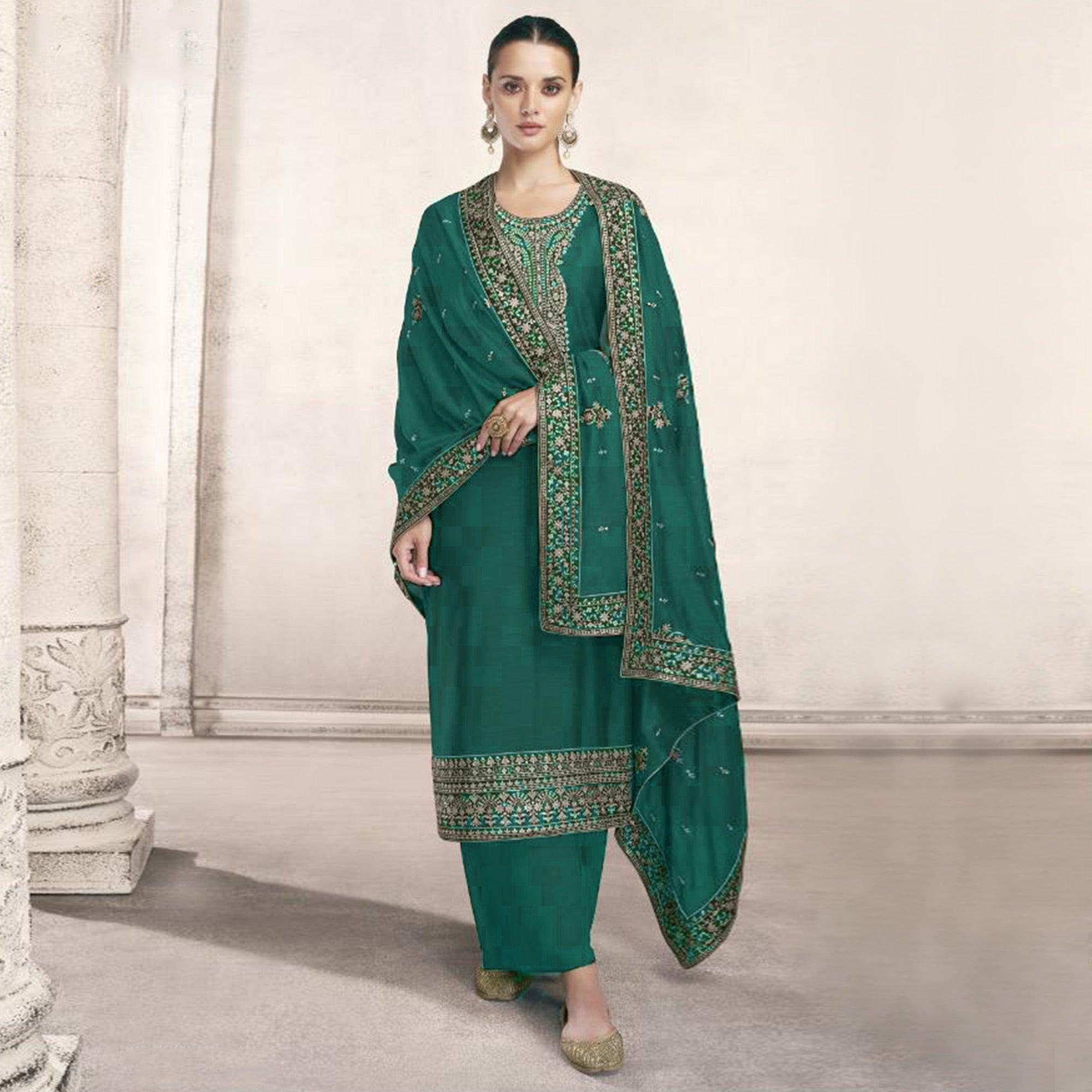 Peachmode Dark Green Embroidered Dola Silk Salwar Suit - view 2