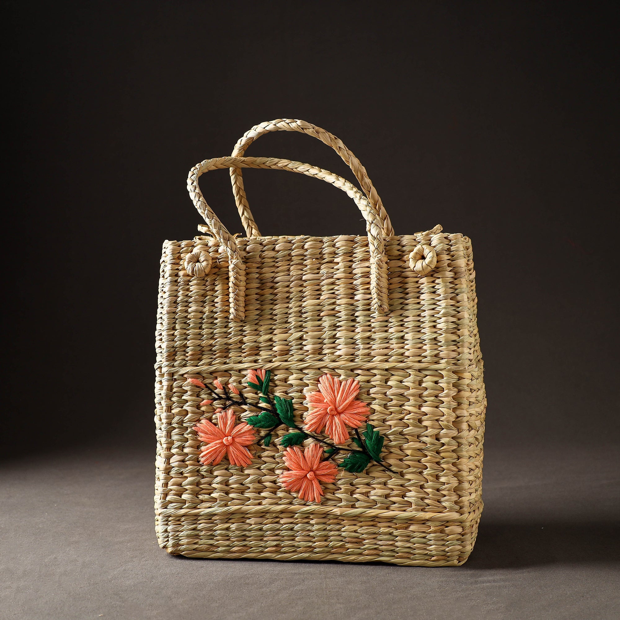 ITOKRI CRAFTS INITIATIVE Beige - Handcrafted Natural Water Reed Embroidered Shopping Bag