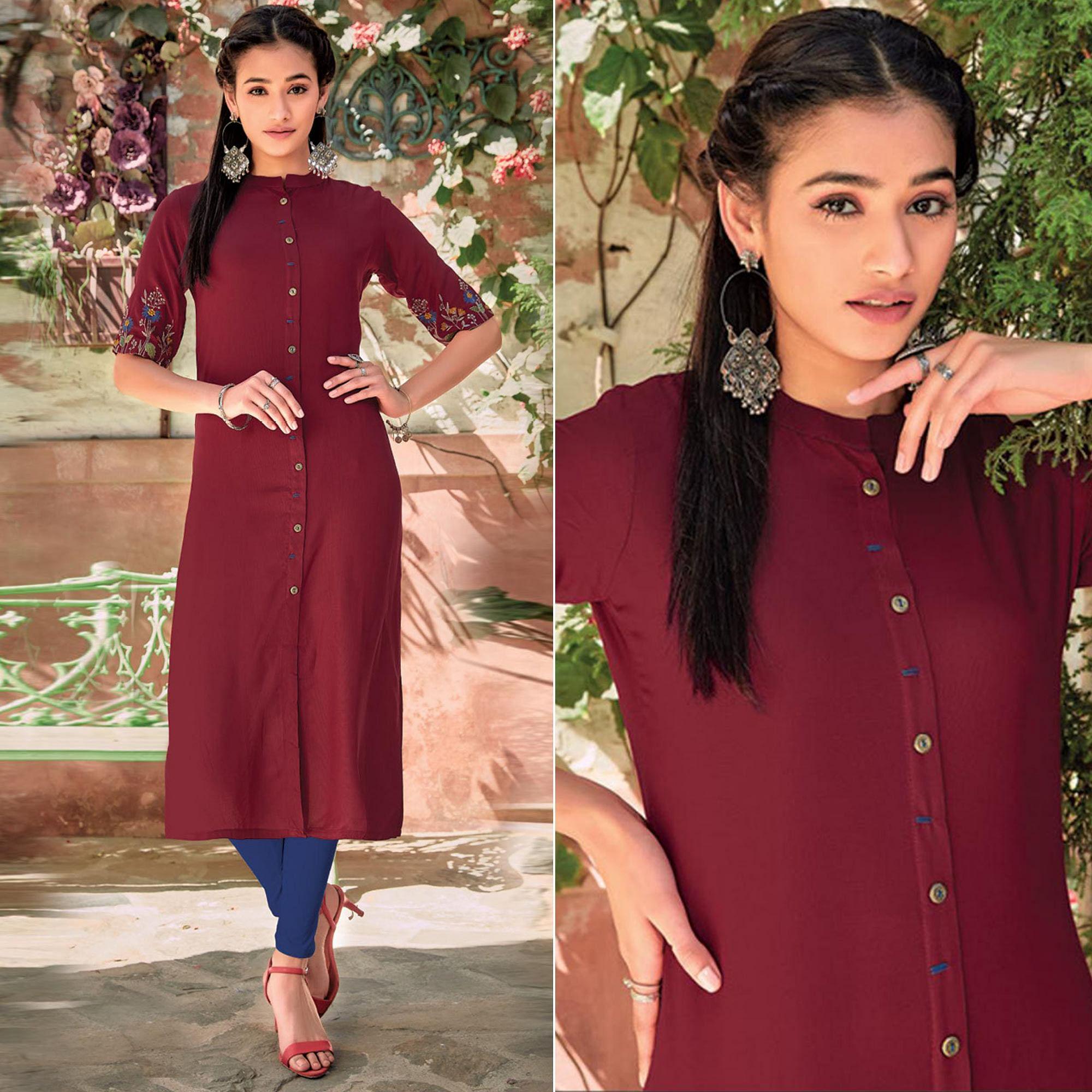 Peachmode Seller Maroon Floral Embroidered Rayon Kurti