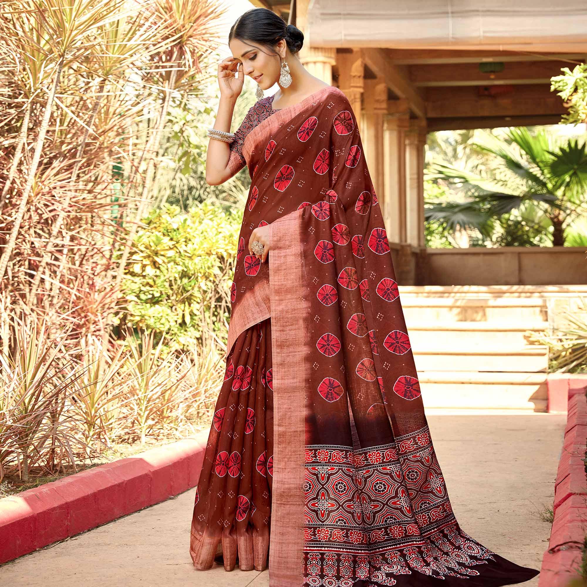 Peachmode Desirable Brown Colored Digital Printed Festive Wear Linen Designer Saree