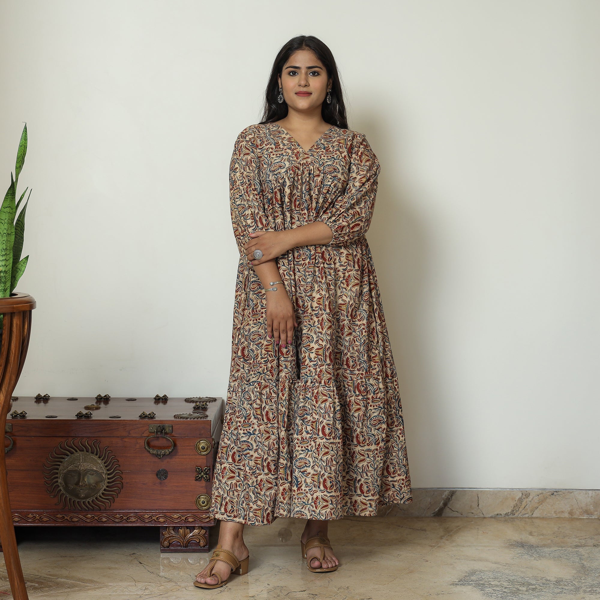 ITOKRI CASUALS Brown - Pedana Kalamkari Block Printed Cotton Flared Gher Dress 10 - view 2