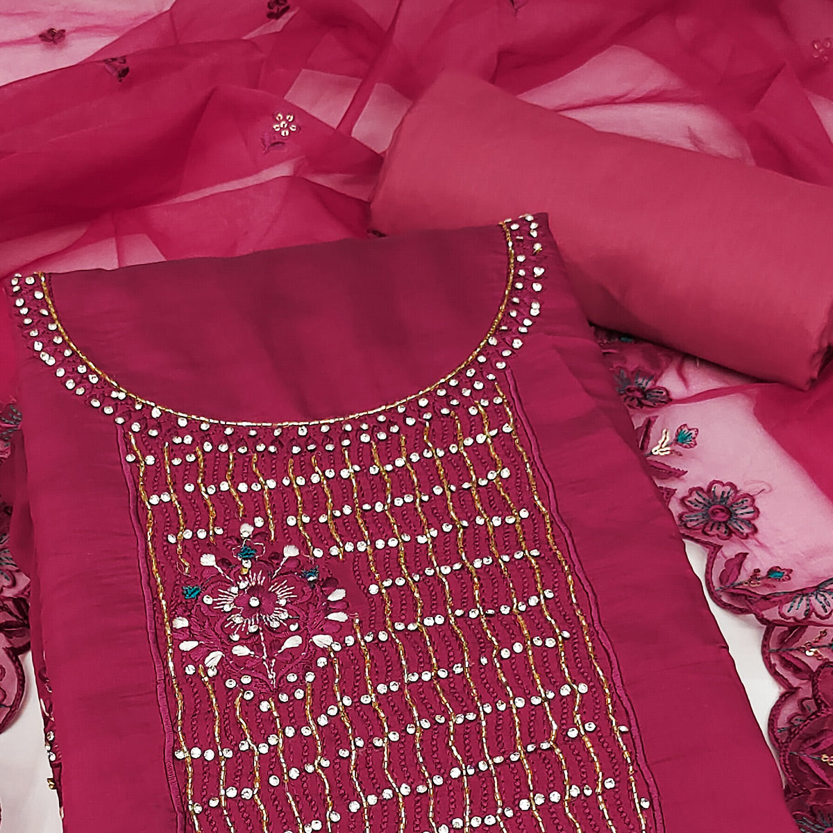 Peachmode Magenta Floral Embroidery With Stonework Cotton Silk Dress Material - view 2
