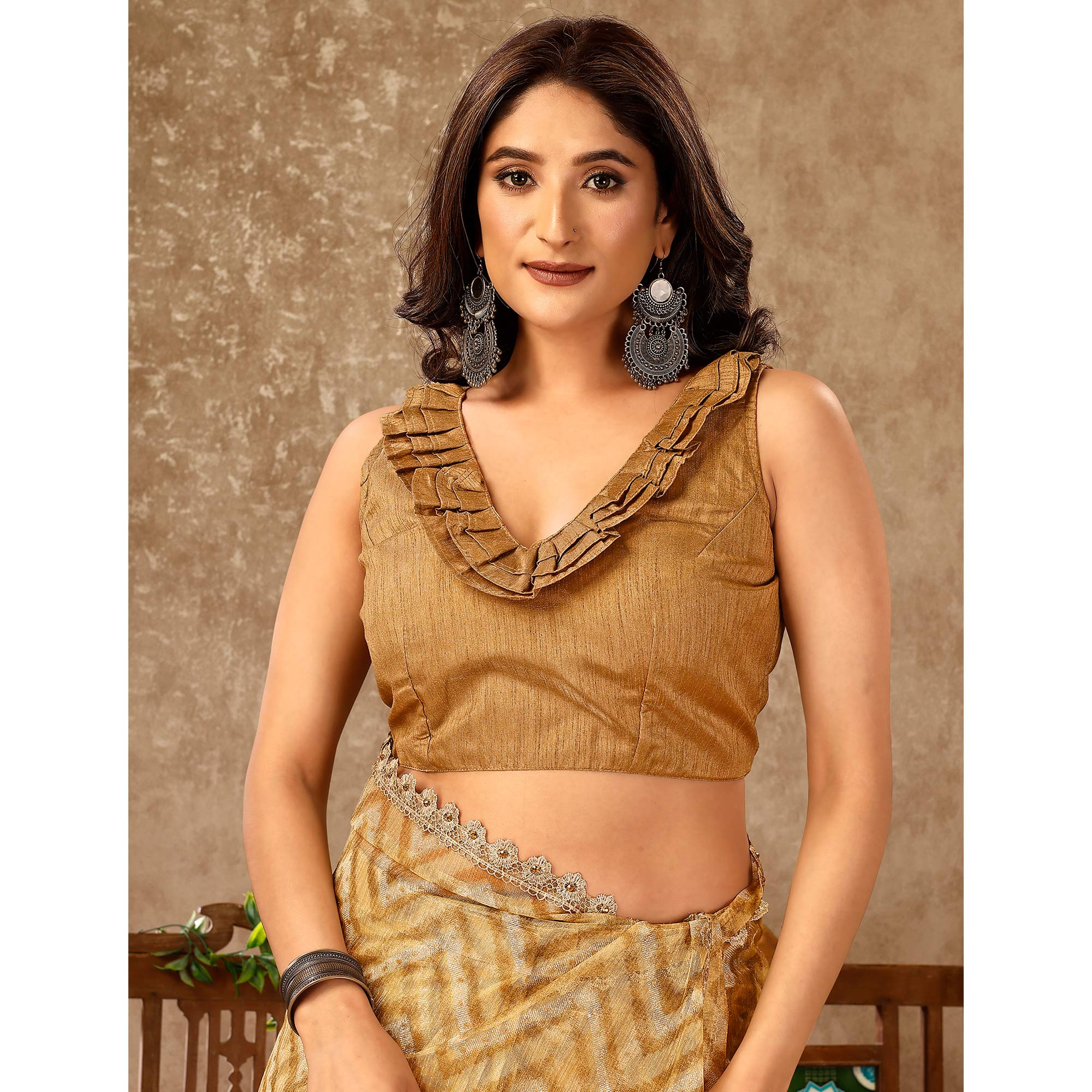 Peachmode Seller Chikoo Zig Zag Printed With Stone Work Organza Ready To Wear Saree - view 9