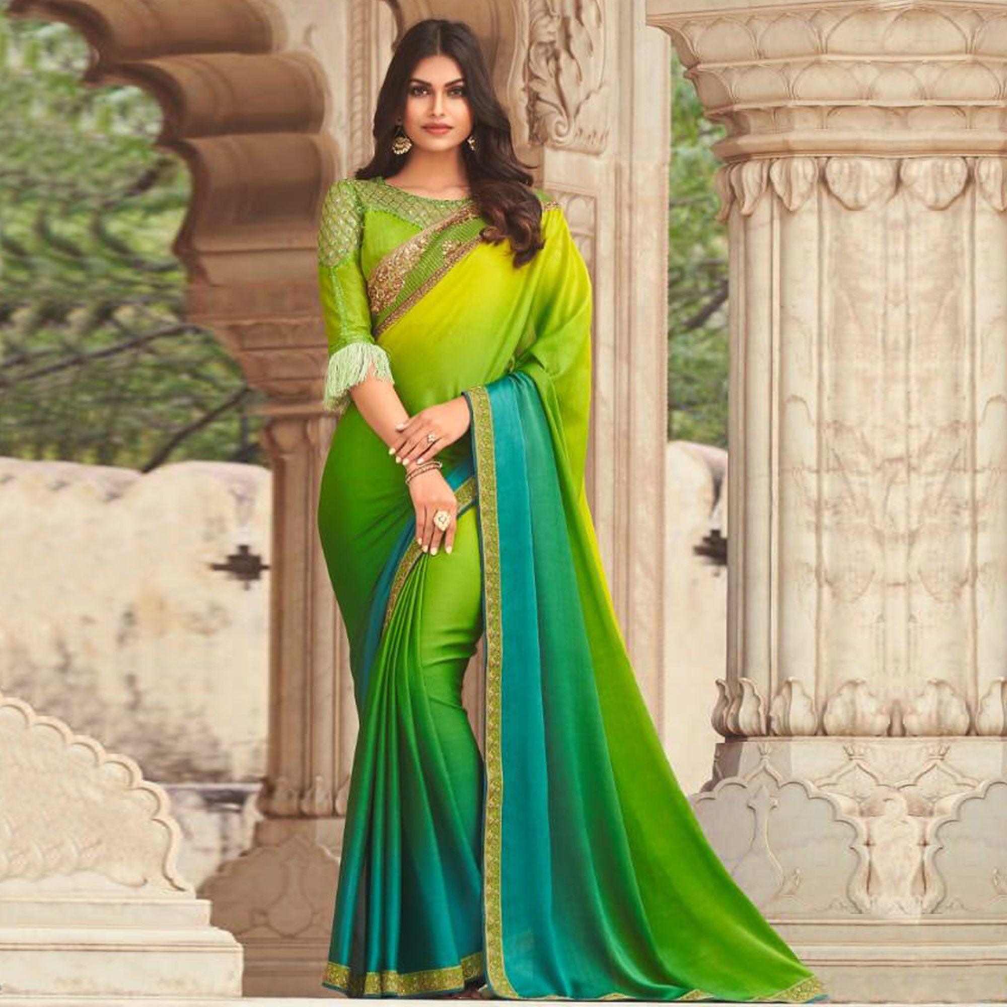 BlackTree green-and-blue-floral-sequence-embroidered-art-silk-saree - view 2