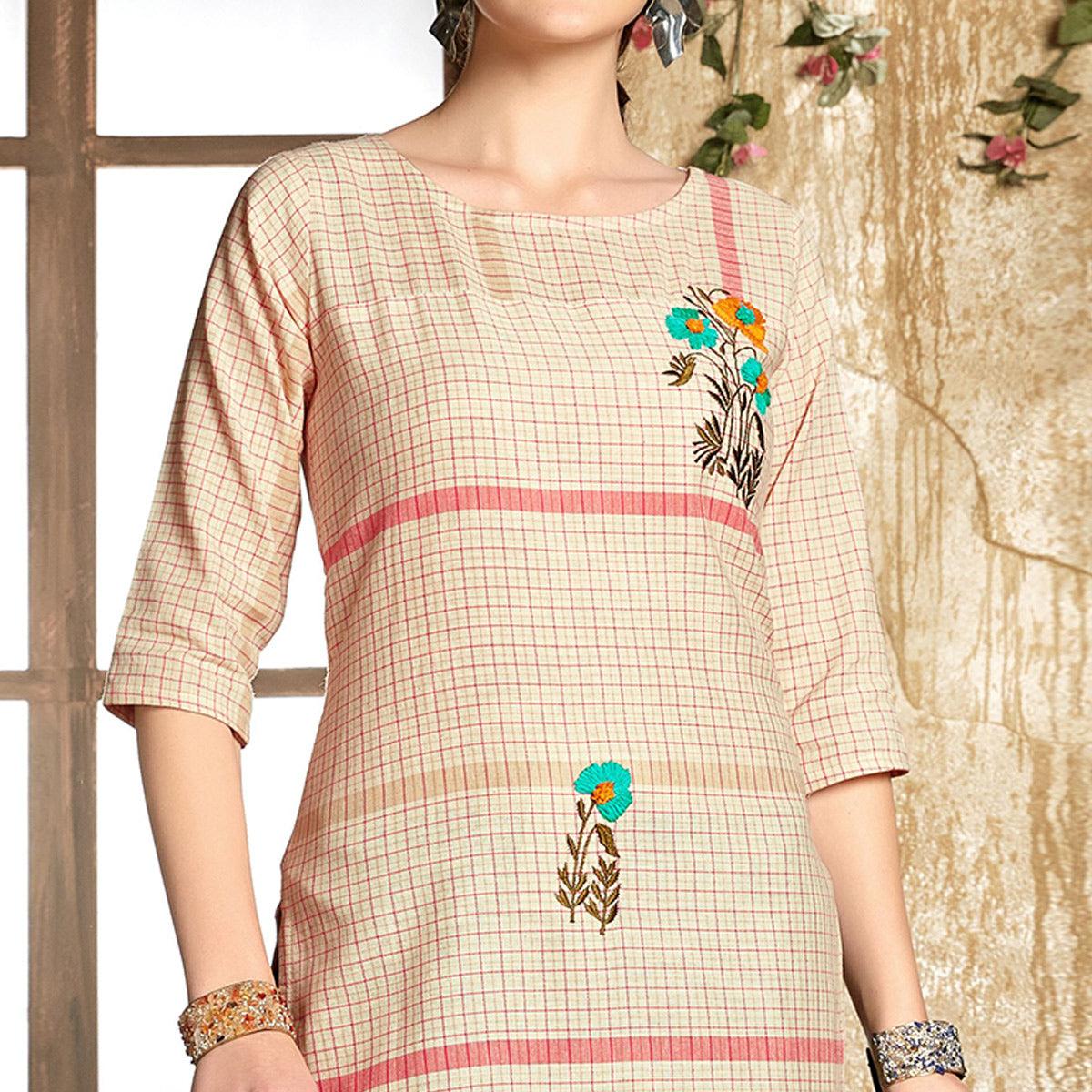Peachmode Seller Gleaming Cream - Gajari Colored Casual Wear Embroidered Pure Cotton Kurti - view 3