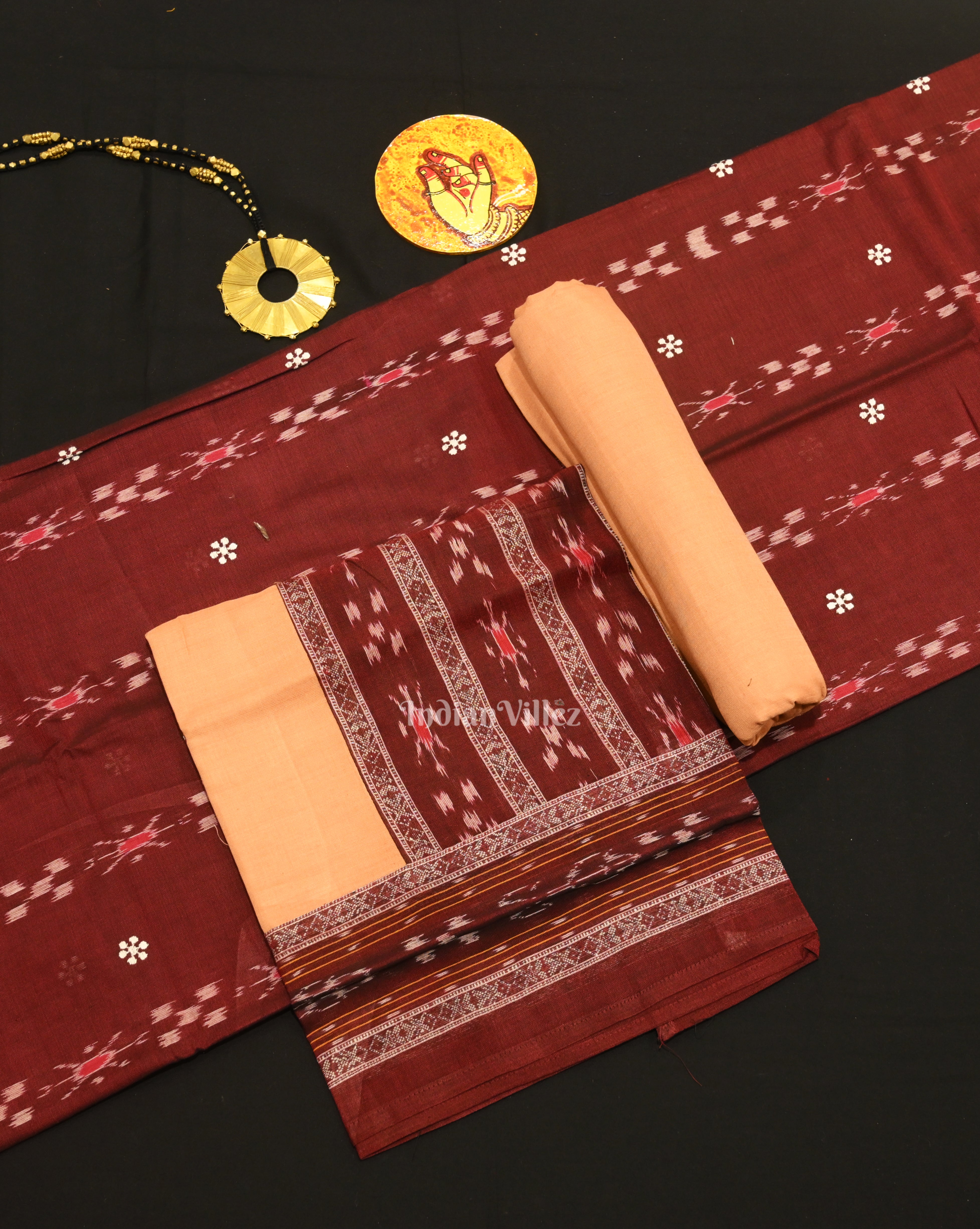 IndianVillèz Maroon Cream Flower Buti Odisha Ikat Sambalpuri Dress Set & Dupatta