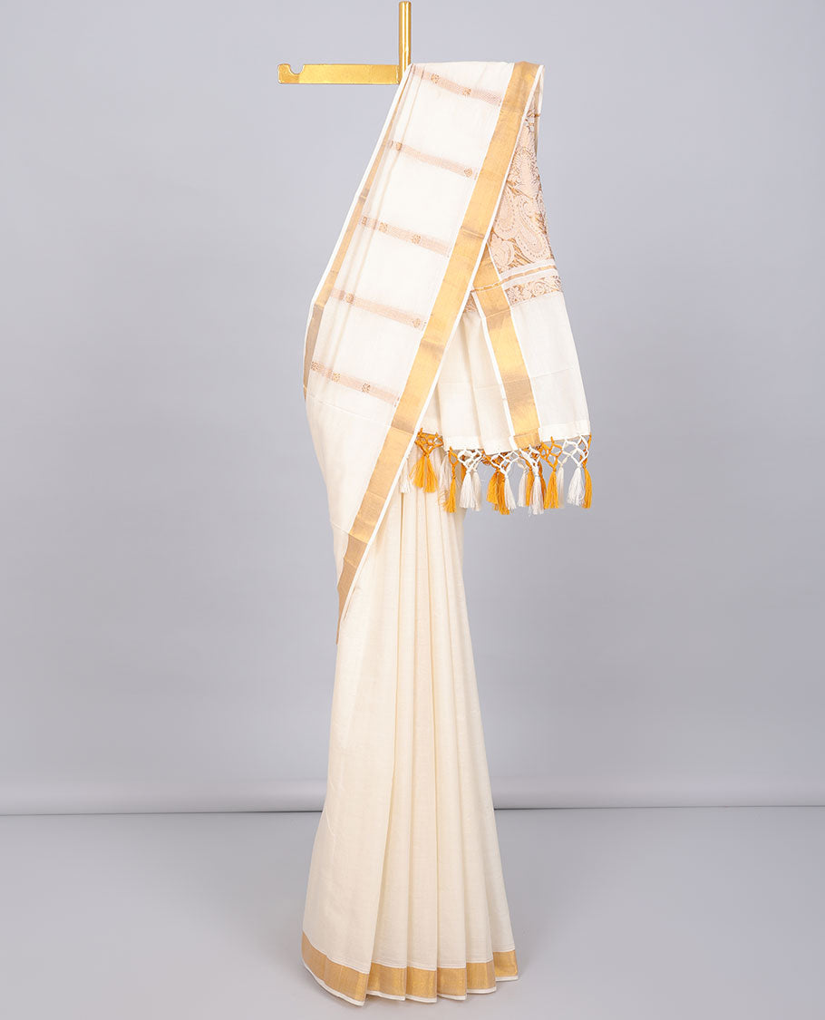 Pothys Cream kerala saree with zari designs, zari border & pallu of paisley designs in zari