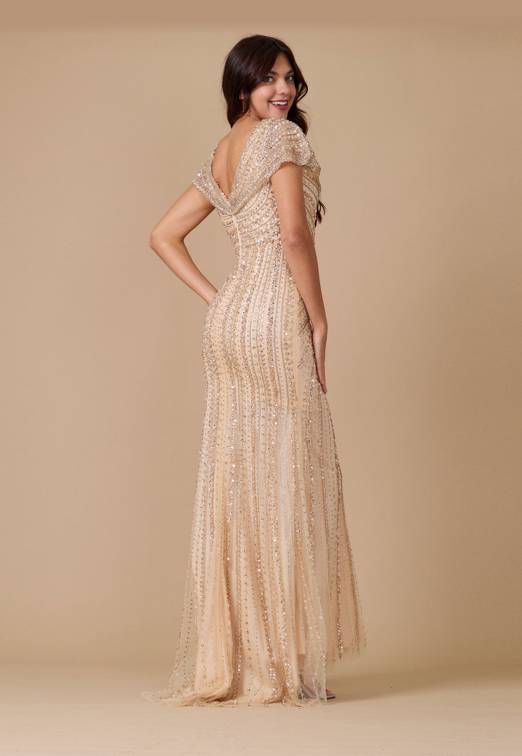 Dylan & Davids Short Sleeve Hand Beaded Formal Couture Dress Gold - view 2