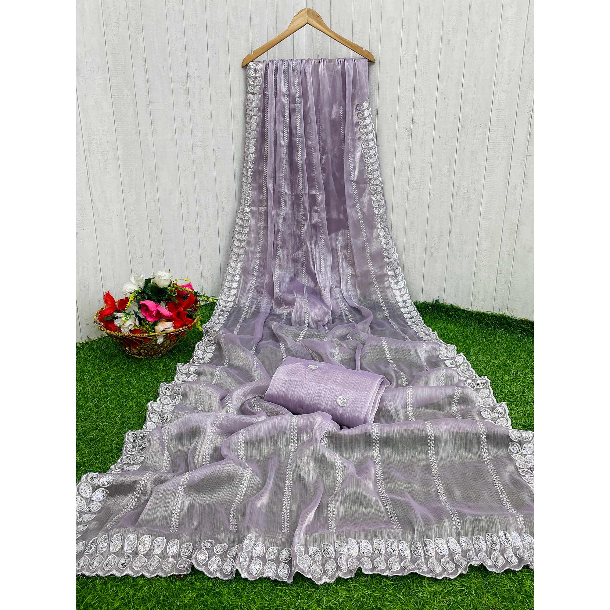 Peachmode Lavender Sequins Embroidered Chiffon Silk Saree - view 3