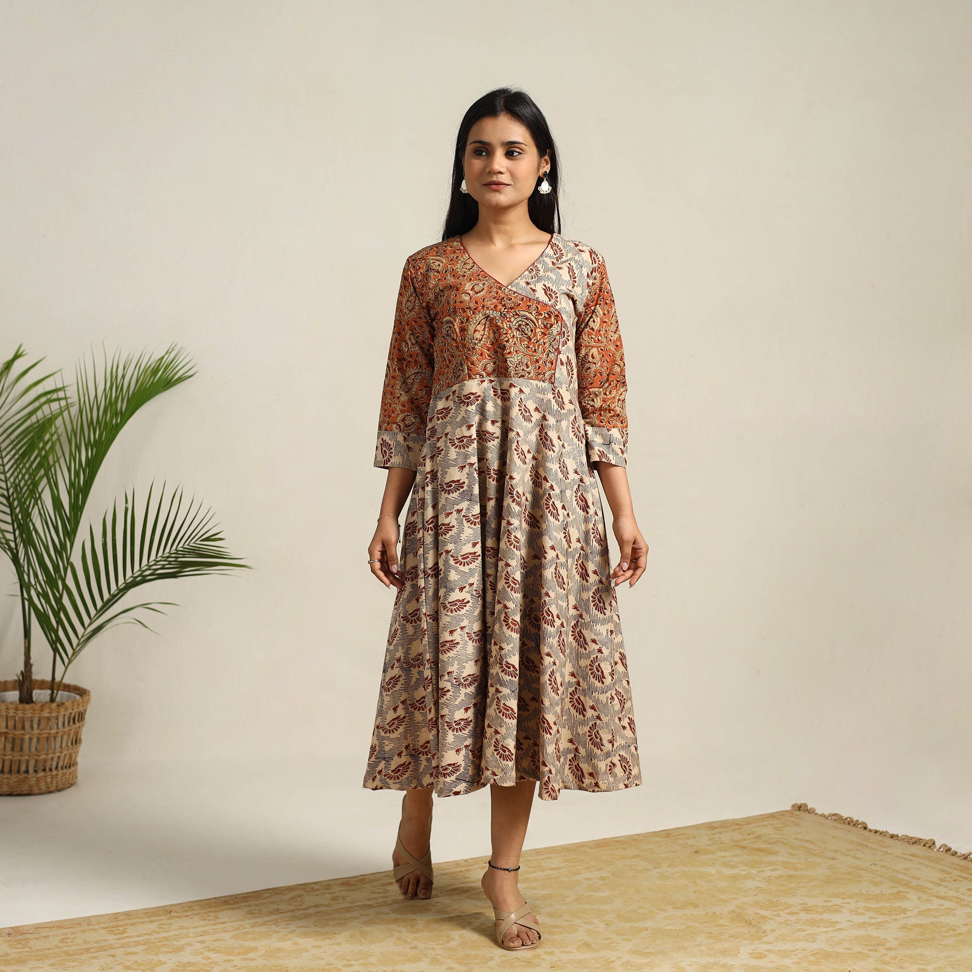 ITOKRI CASUALS Beige - Pedana Block Print Cotton Flared Kalamkari Dress 05 - view 2