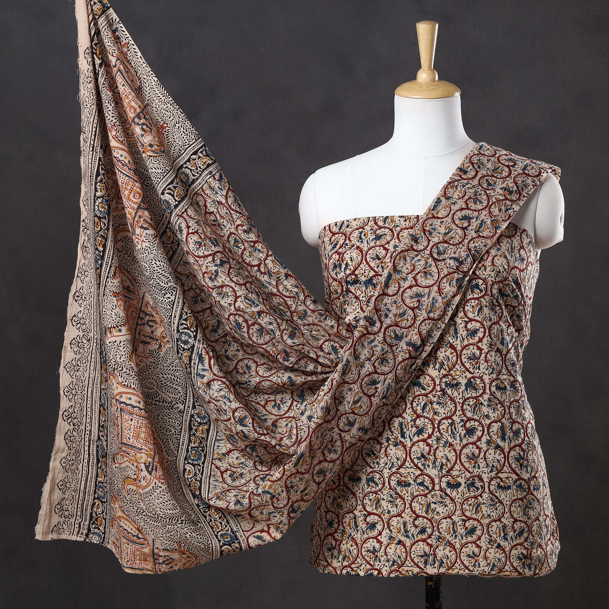 VENKATA BHANU KALAMKARI PEDANA Brown - 2pc Pedana Kalamkari Block Printed Cotton Suit Material Set 09