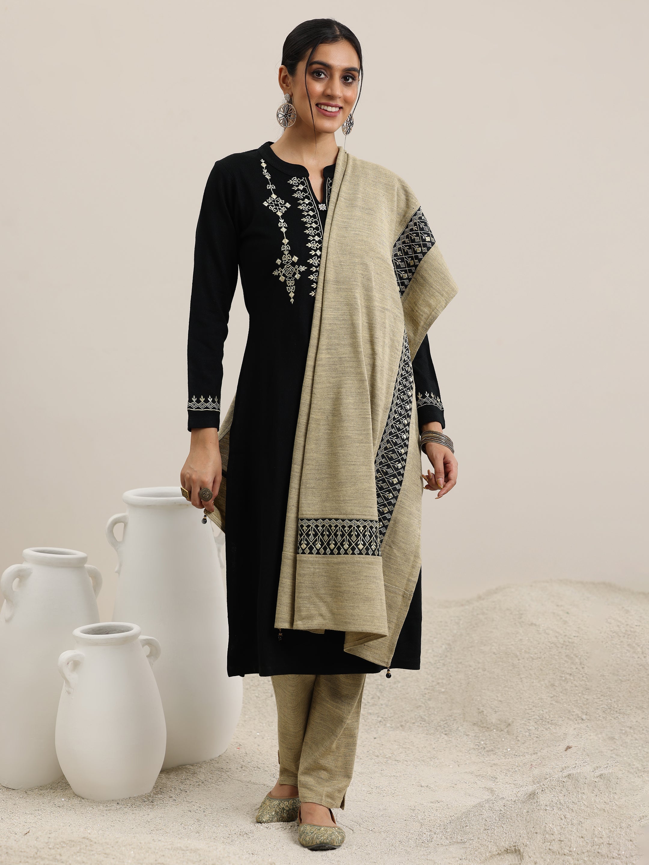 Libas Black Yoke Design Wool Blend Straight Suit With Dupatta - view 4