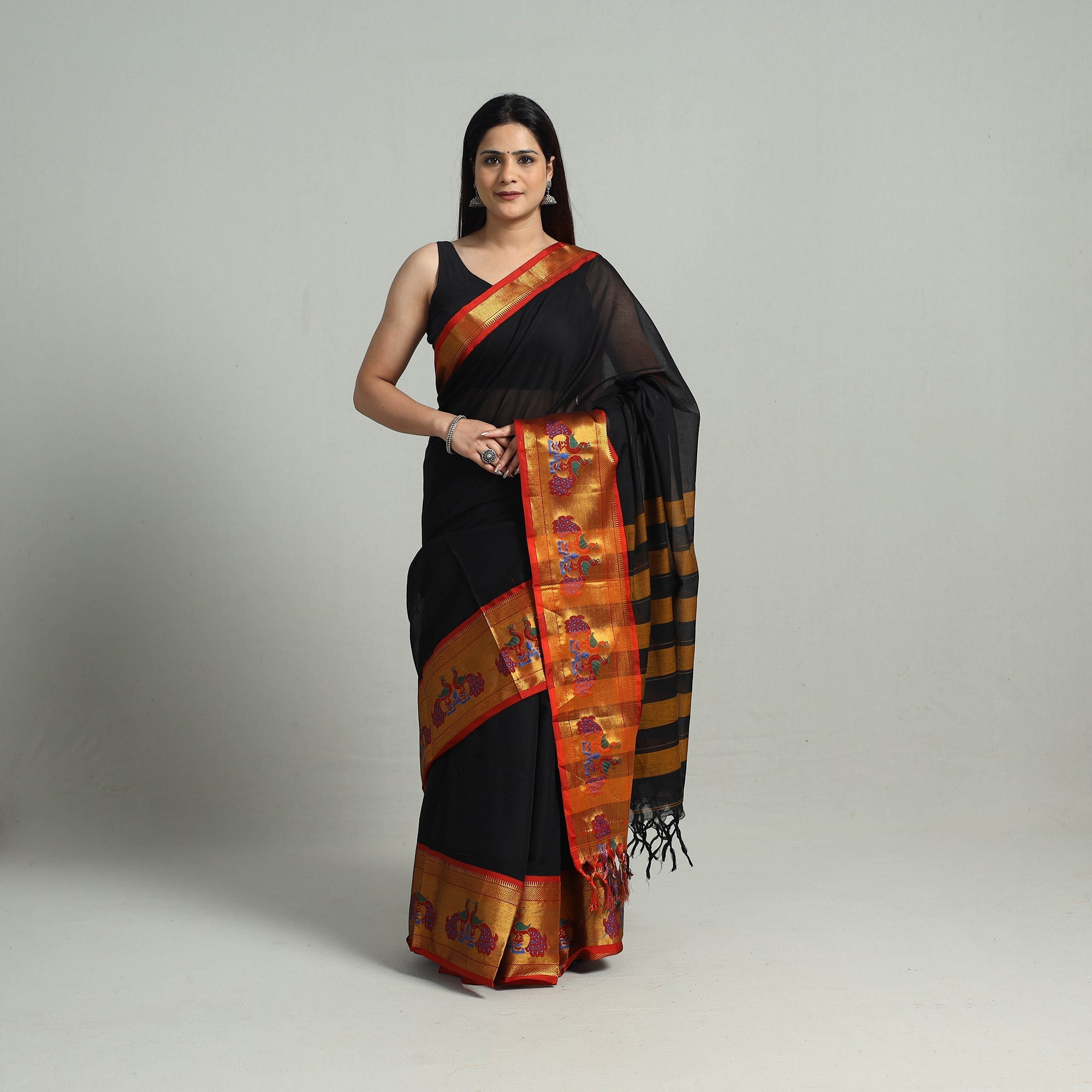 SOUTH KARGHA Black - Mercerised Cotton Paithani Zari Border Dharwad Saree 24