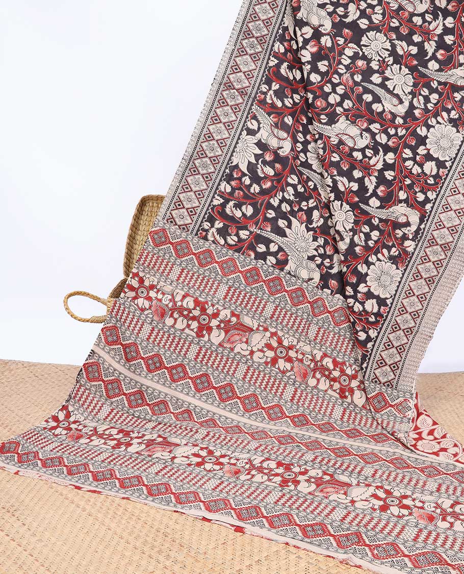 Pothys Brown floral & bird machine-print kalamkari cotton saree, contrast diamond border & floral & geometric pallu