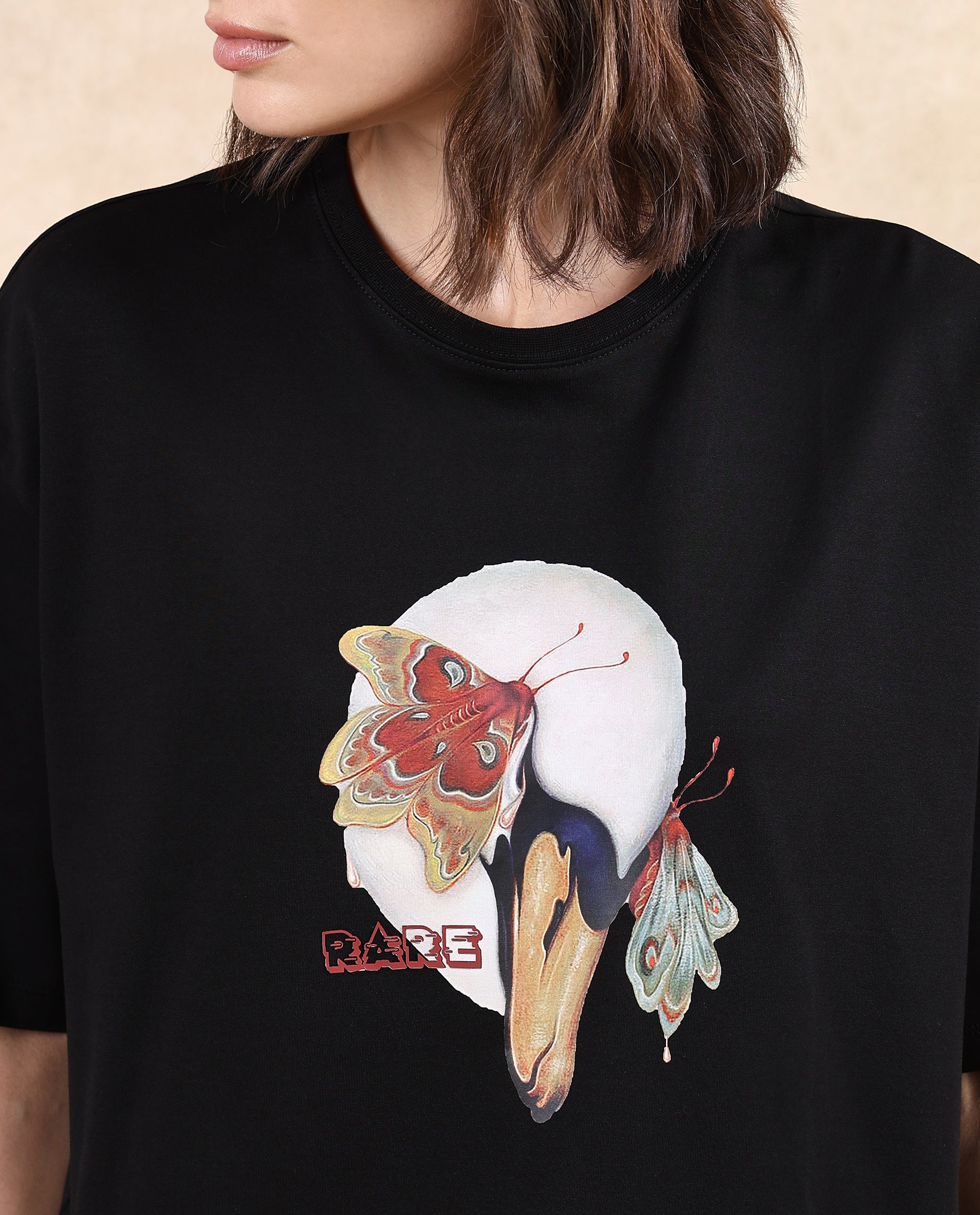 Rareism Women Grail Black Cotton Blend Fabric Short Sleeve Crew Neck Oversized Fit Graphic Print T-Shirt - view 2