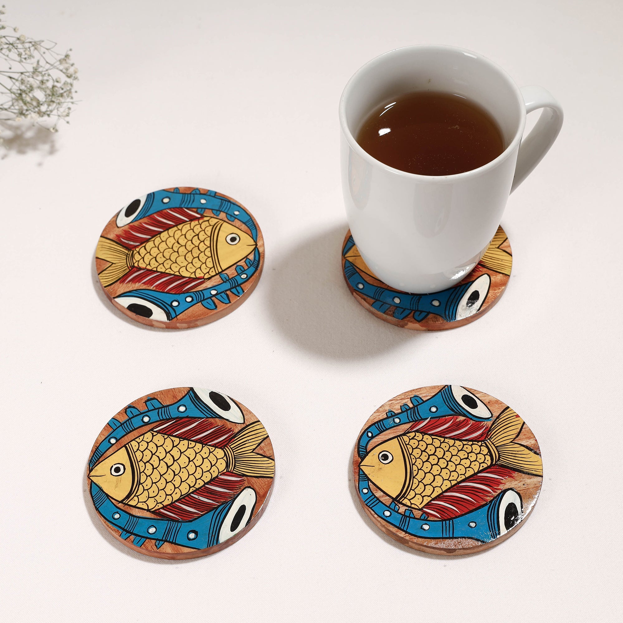 ITOKRI CRAFTS INITIATIVE Bengal Patua Handpainted Akashmoni Wooden Coasters (Set of 4)