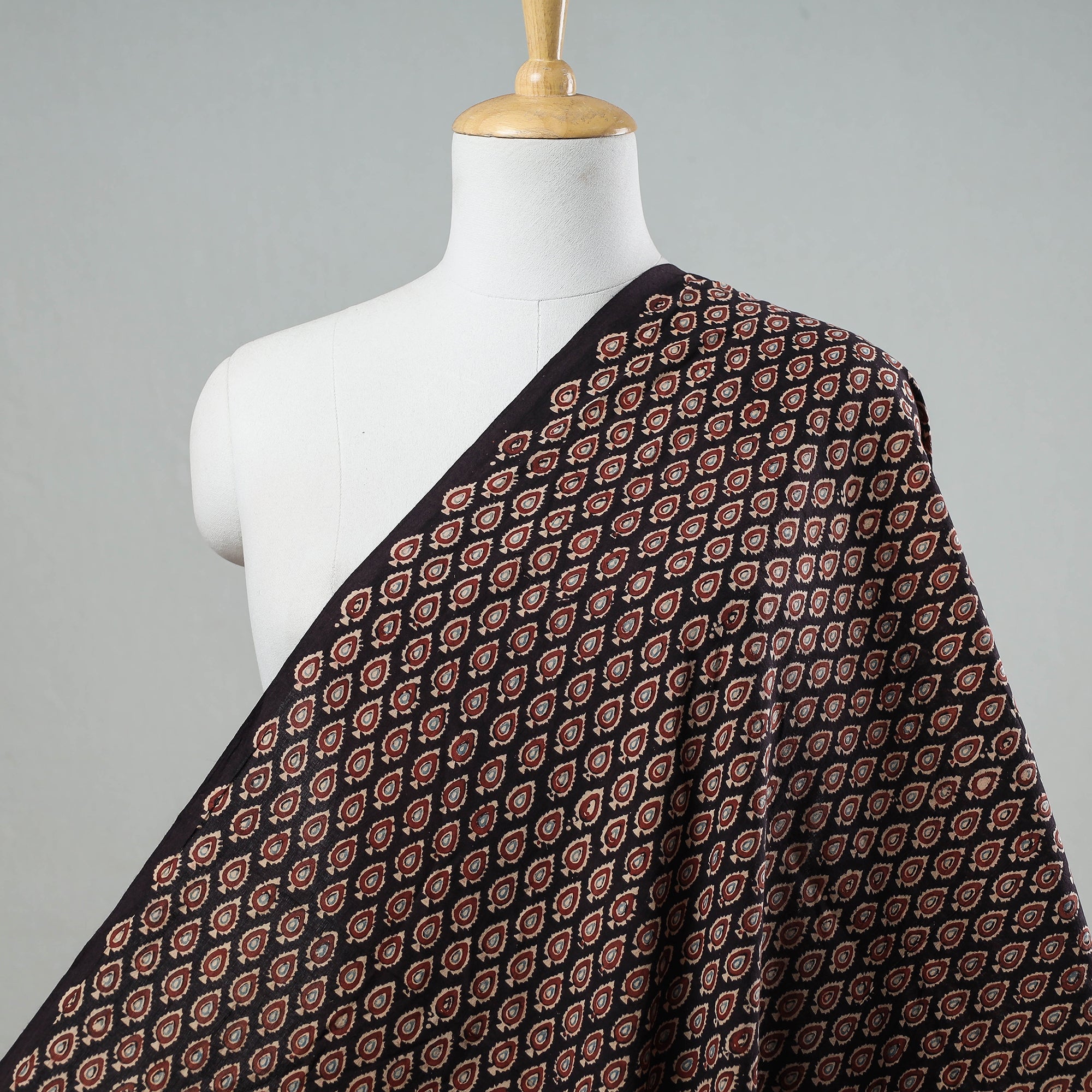 AJRAKH BY JABBAR KHATRI Black Red Leaf Butti Ajrakh Hand Block Printed Cotton Fabric