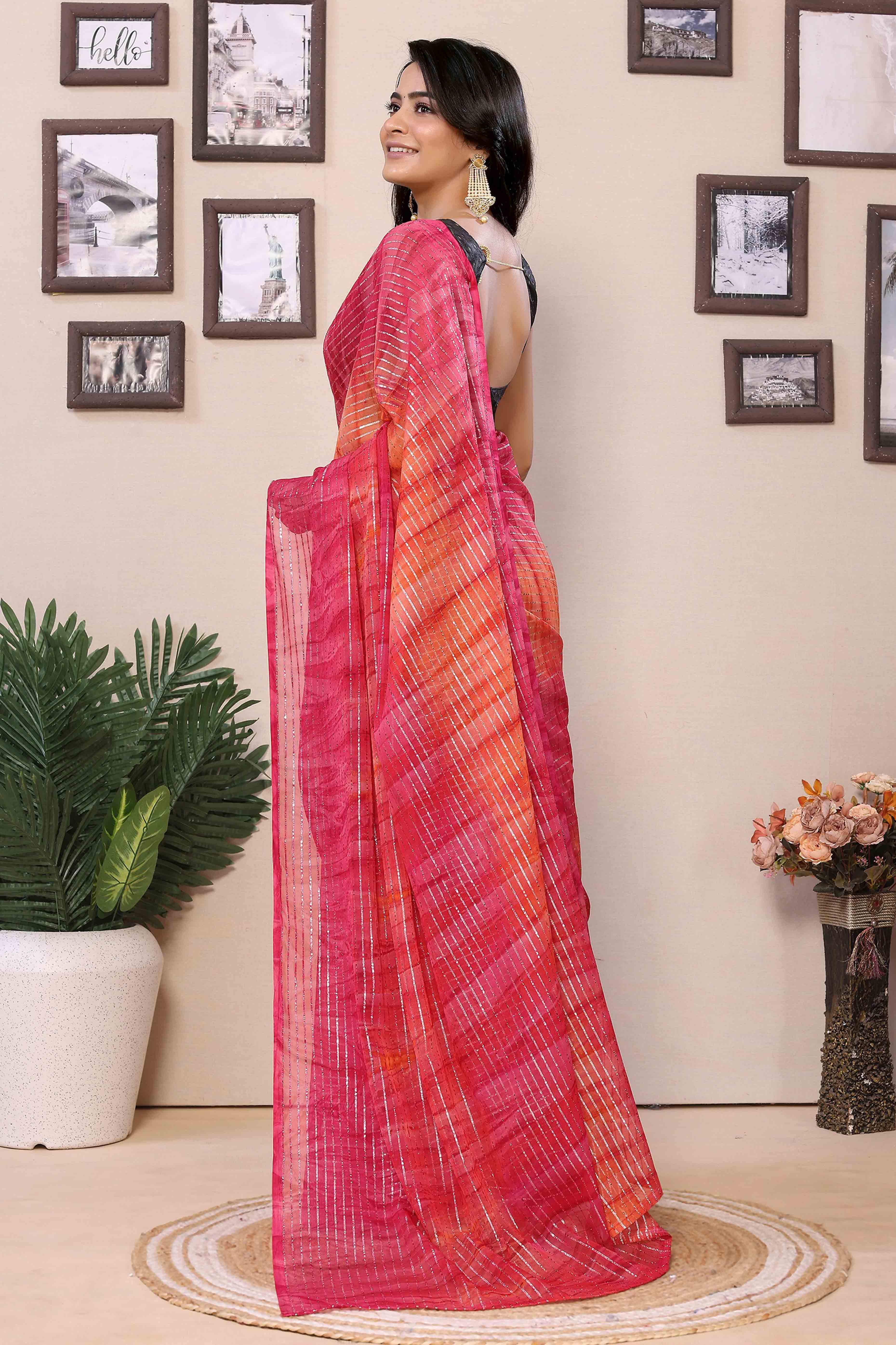 Peachmode Seller Magenta & Orange Striped Zari With Digital Printed Georgette Ready To Wear Saree - view 3
