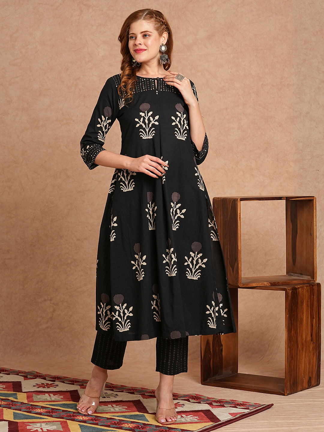 FASHOR Ethnic Floral Printed & Embroidered A-Line Kurta with Pant - Black