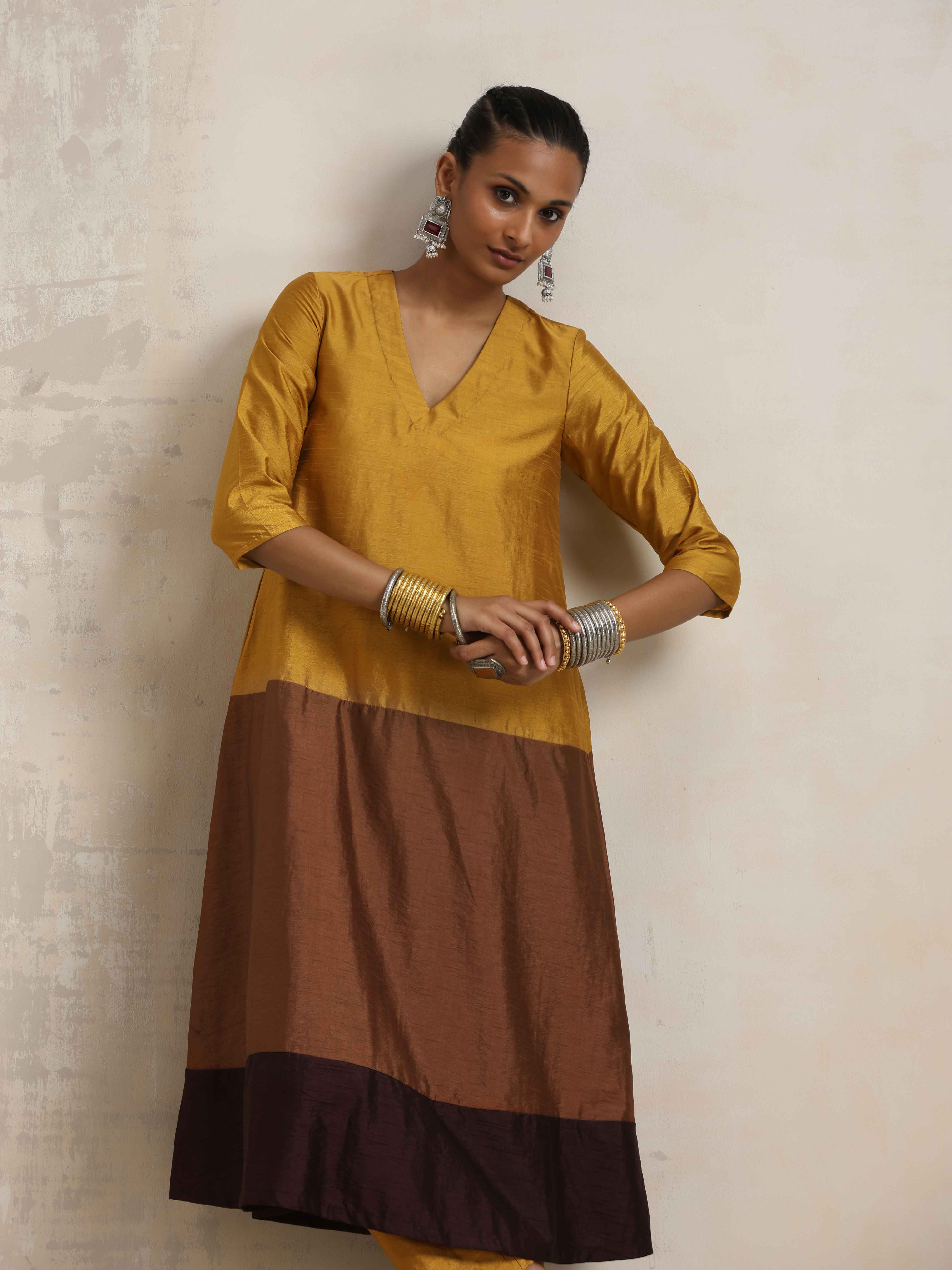 trueBrowns Gold Brown Silk A-line Kurta Set - view 5